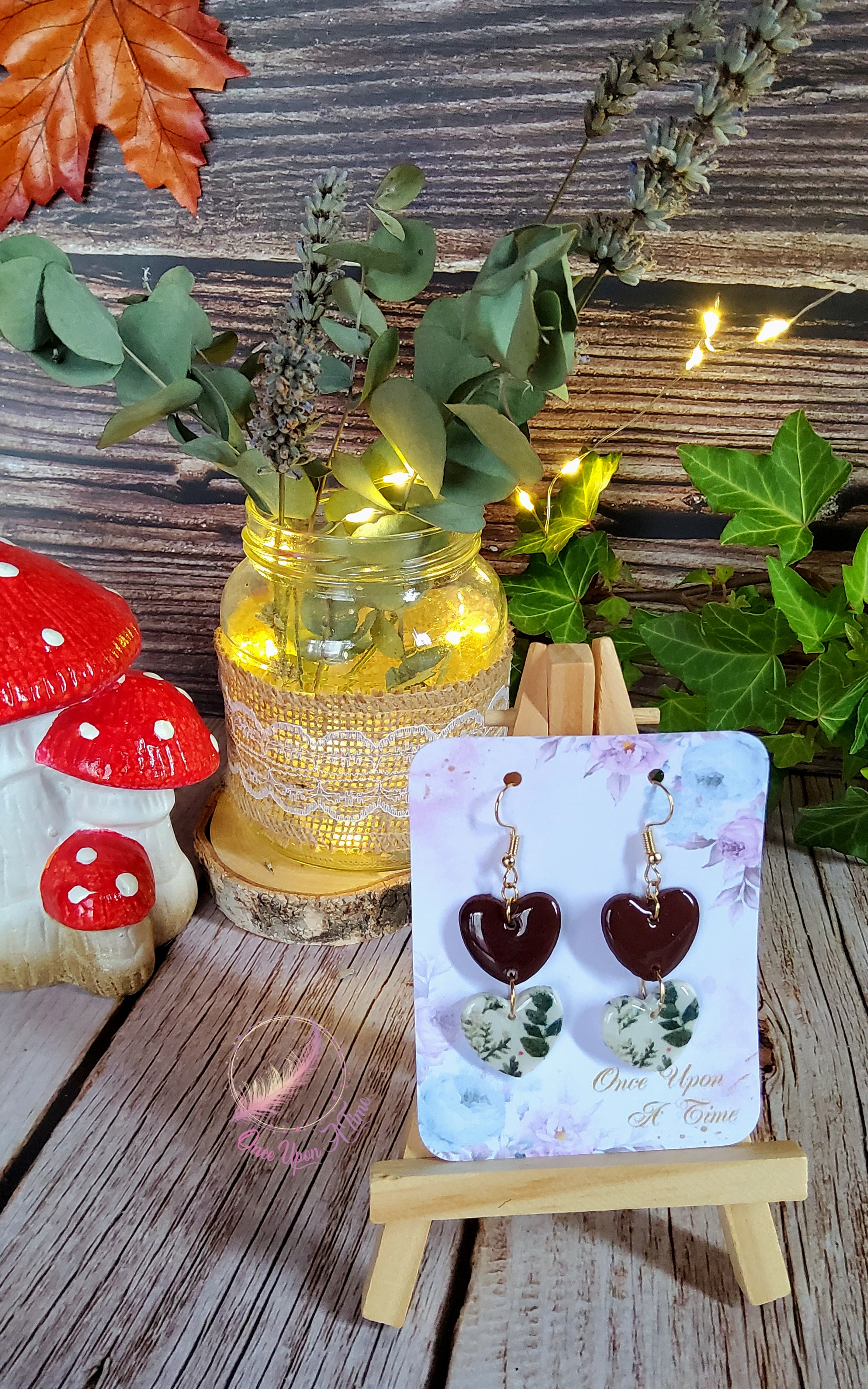 🍃 Boucles d'oreilles - Feuilles vertes et coeurs bruns 🌿