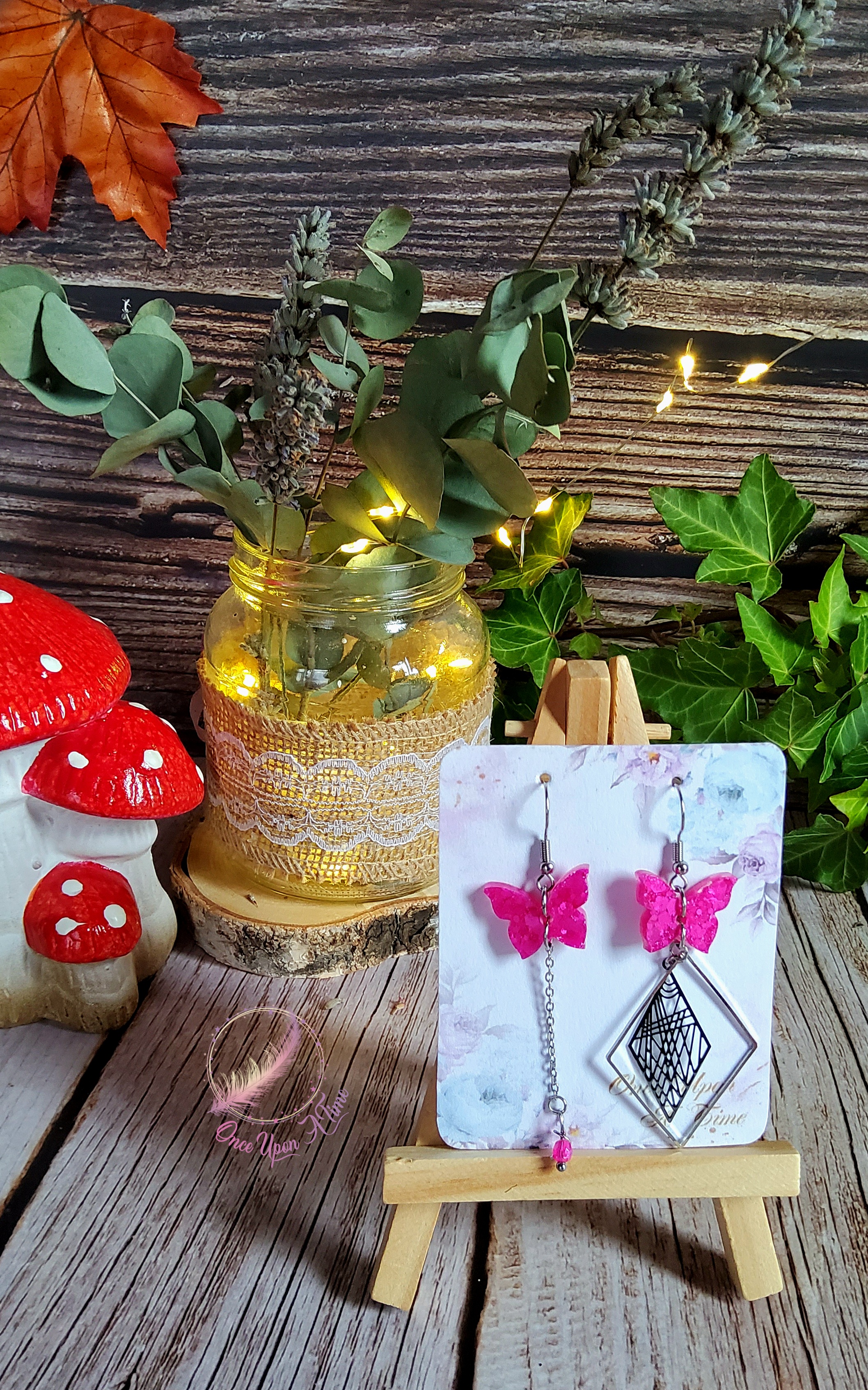 💕 Boucles d'oreilles - Papillons roses - Losange 💕