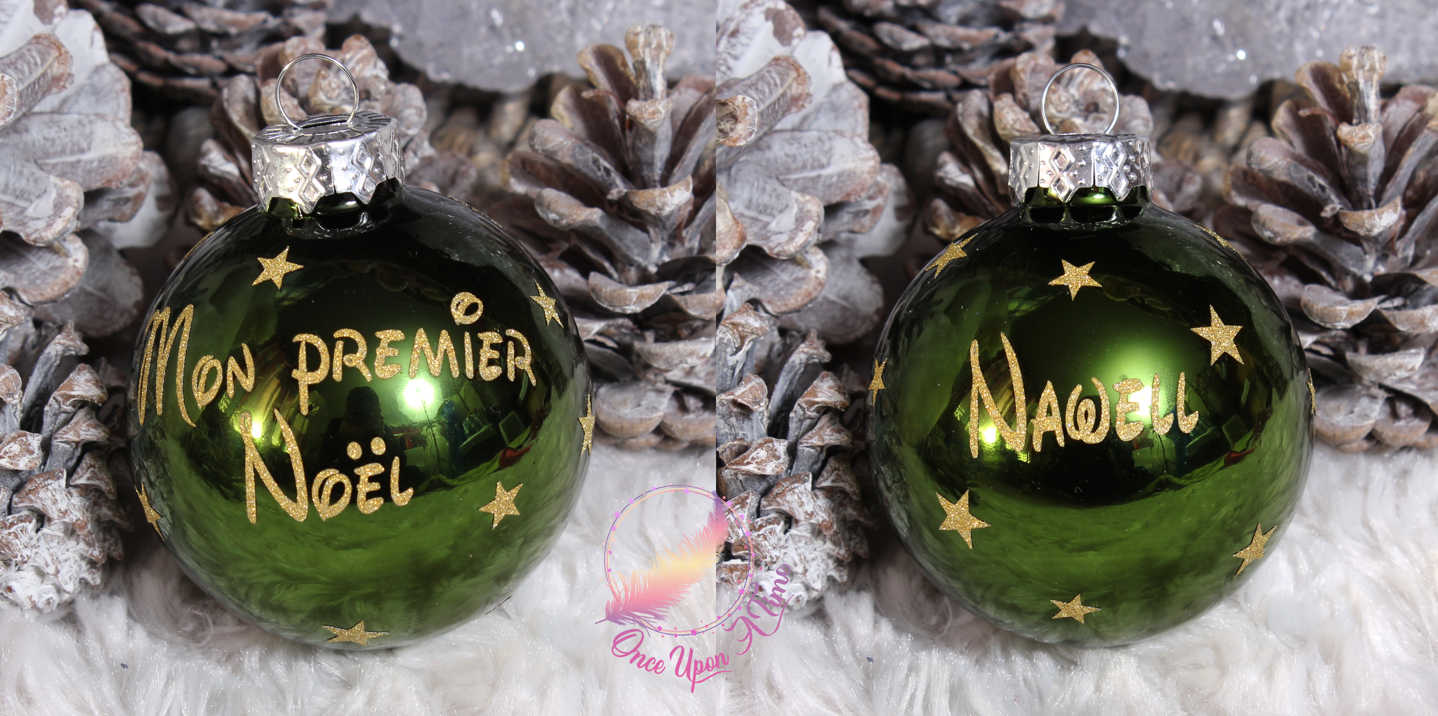 🎄🎅 Boule de Noël - Vert foncé - Matte ou brillante - Prénom et/ou Mon premier Noël + Prénom 🤶🎄