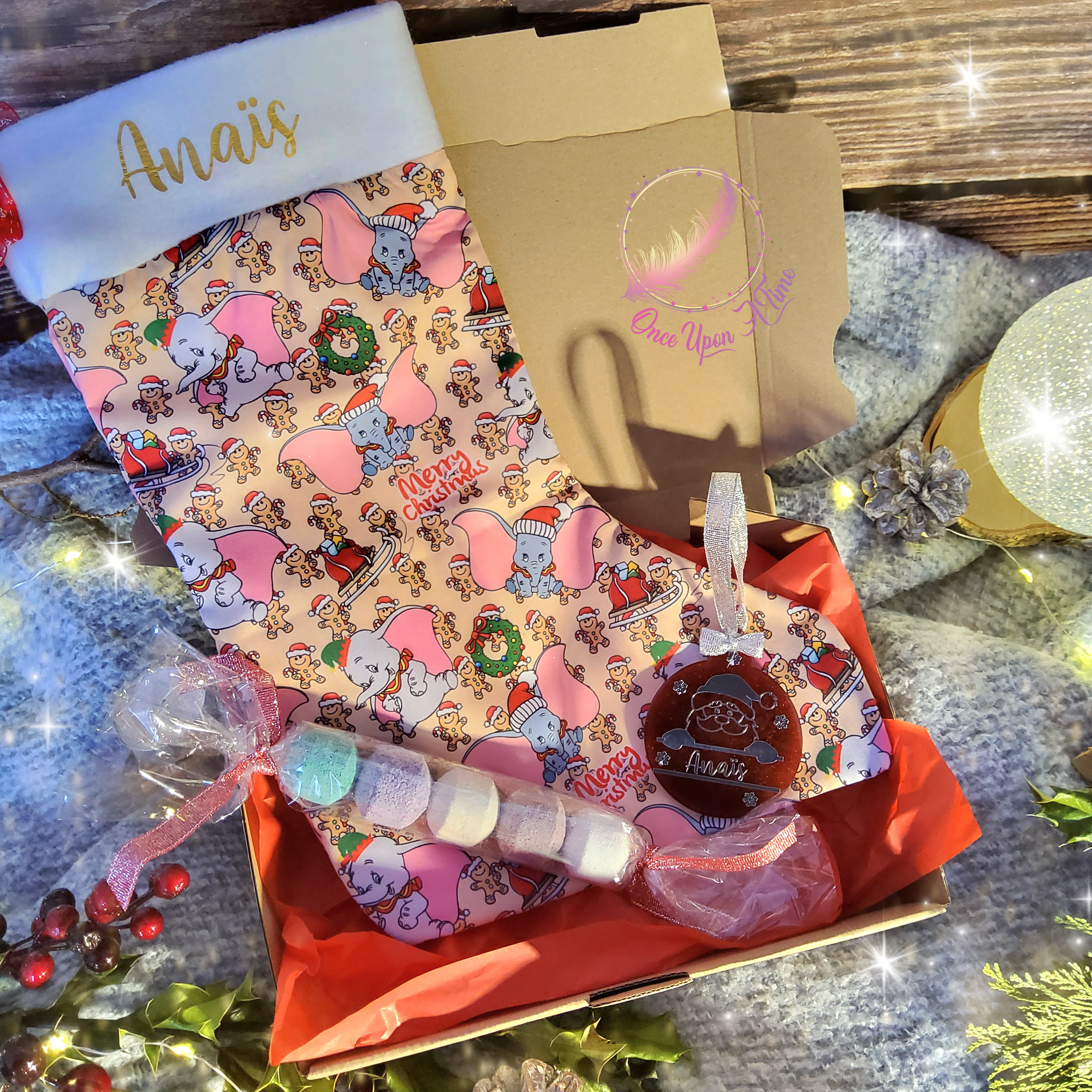 🎄🎅 Coffret - Chaussette de Noël, boule plate en résine blanche OU rouge, 5 minis boules de bain 🤶🎄