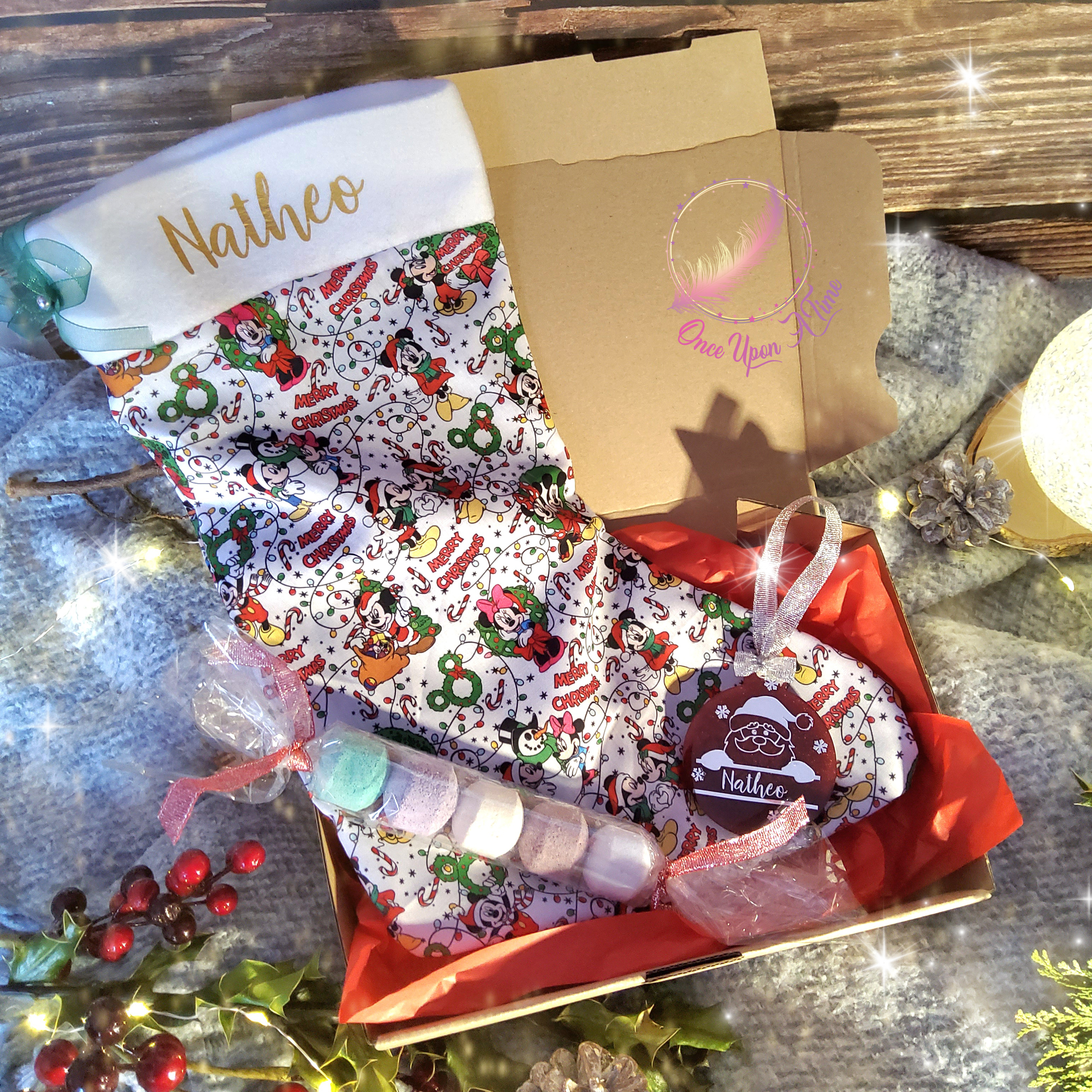 🎄🎅 Coffret - Chaussette de Noël, boule plate en résine bleu nuit OU verte, 5 minis boules de bain 🤶🎄