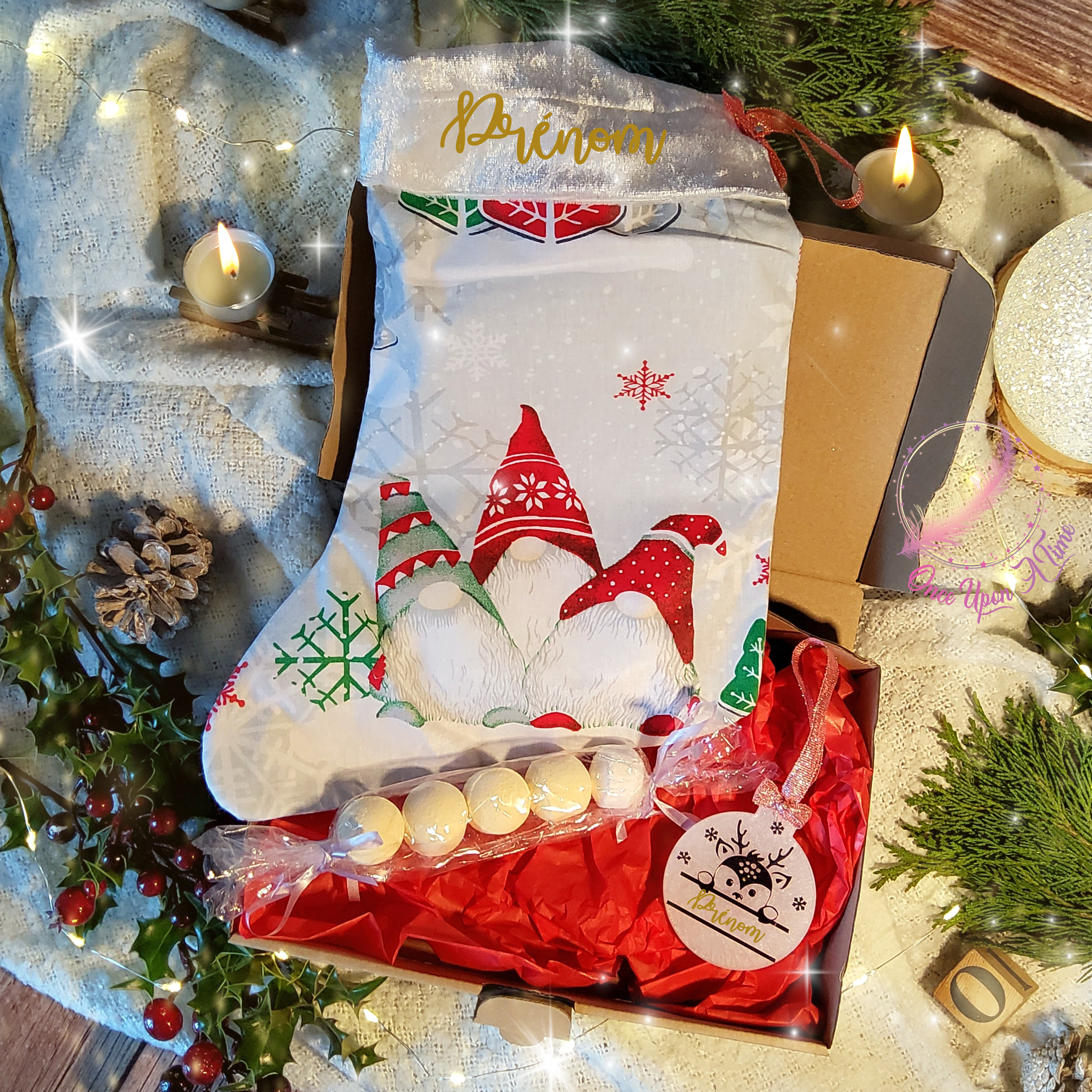 🎄🎅 Coffret - Chaussette de Noël, boule plate en résine bleu nuit OU verte, 5 minis boules de bain 🤶🎄