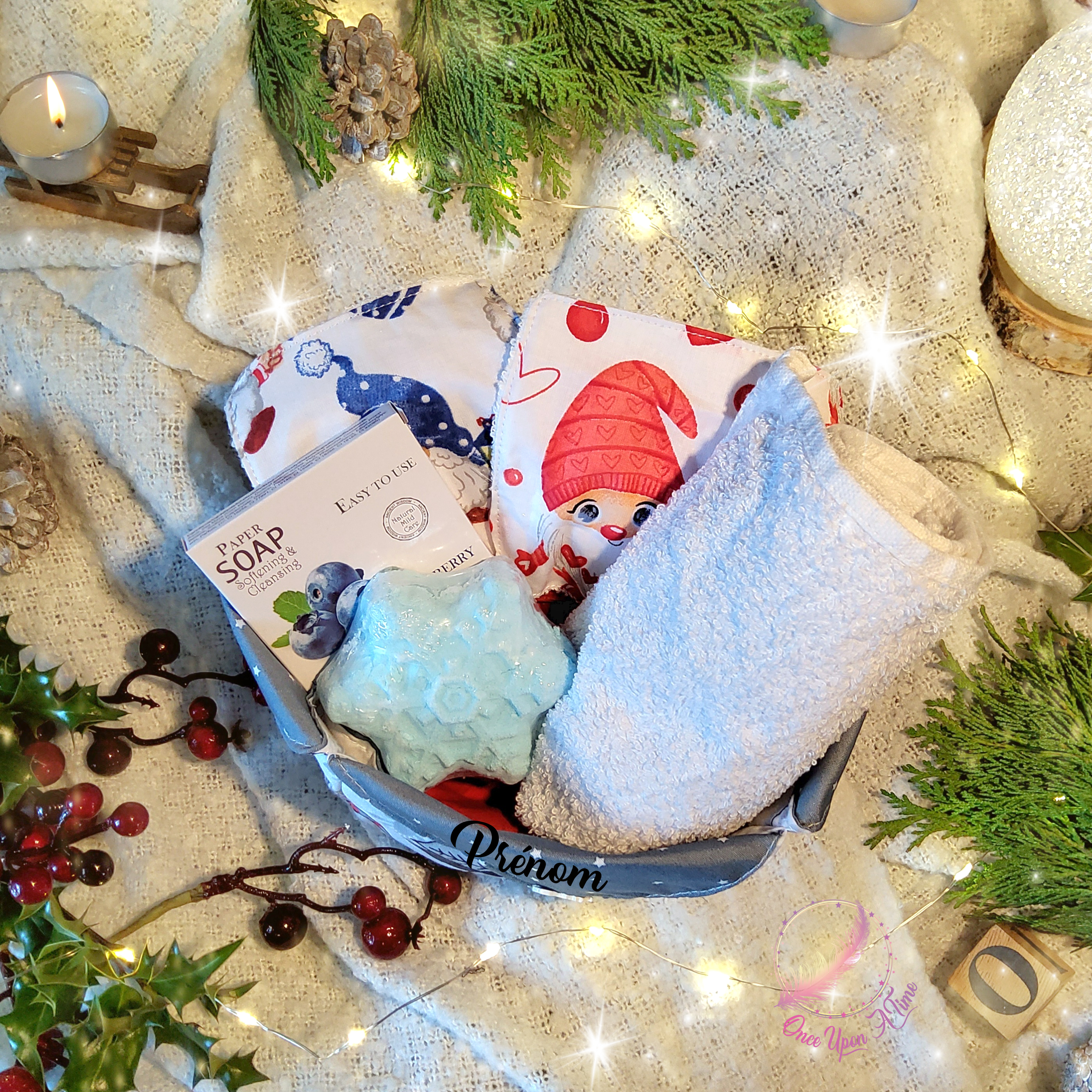 🎄🎅 Panière "bien-être" - 1 panière, 2 lingettes démaquillantes, 1 étui de feuilles de savon, 1 serviette à mains, 1 bombe de bain🤶🎄