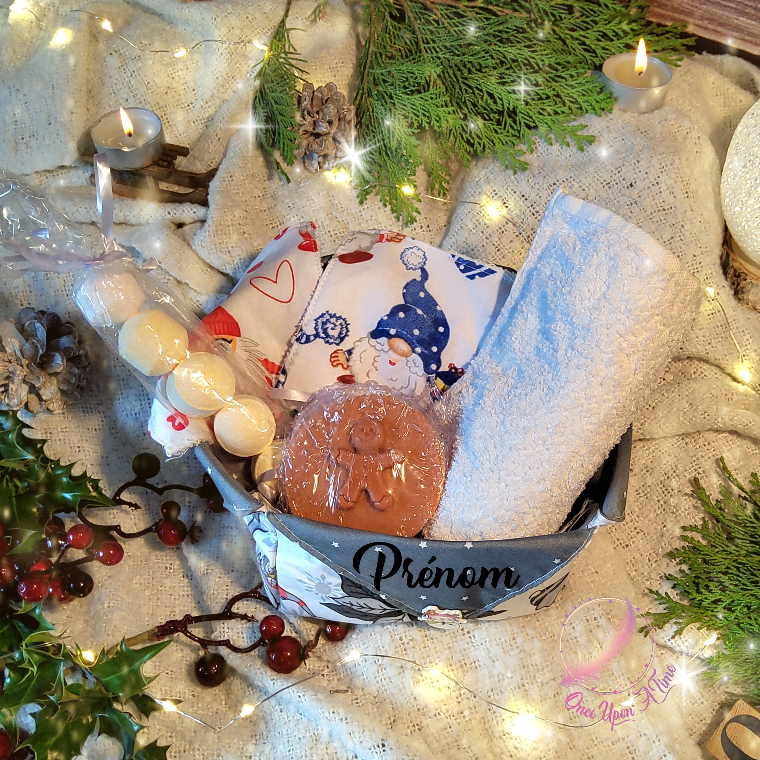 🎄🎅 Panière "bien-être" - 1 panière, 2 lingettes démaquillantes, 1 savon pain d'épices, 5 boules de bain, 1 serviette à mains 🤶🎄