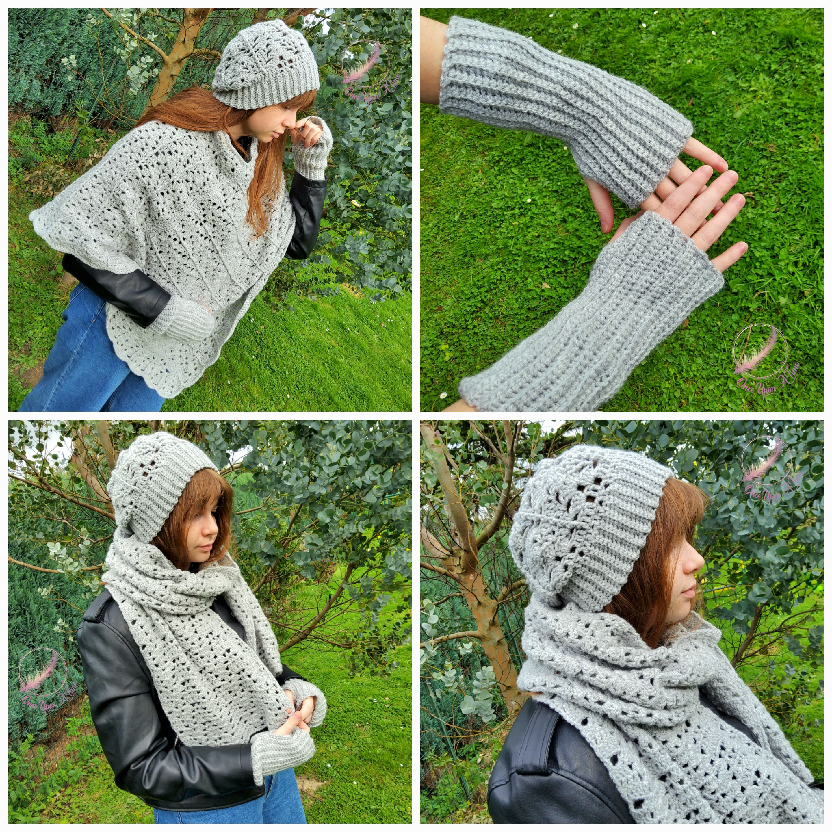 ❄️🍂 Ensemble écharpe, poncho, mitaines et bonnet femme - Gris 🍂❄️