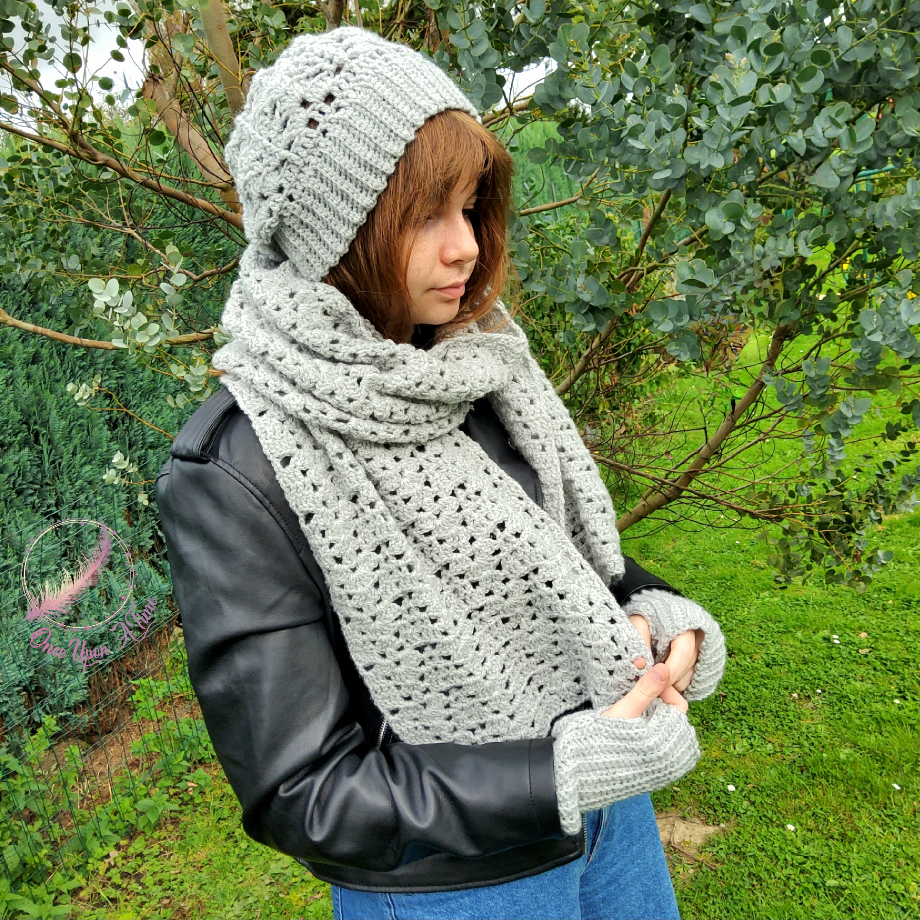 ❄️🍂 Ensemble écharpe, poncho, mitaines et bonnet femme - Gris 🍂❄️