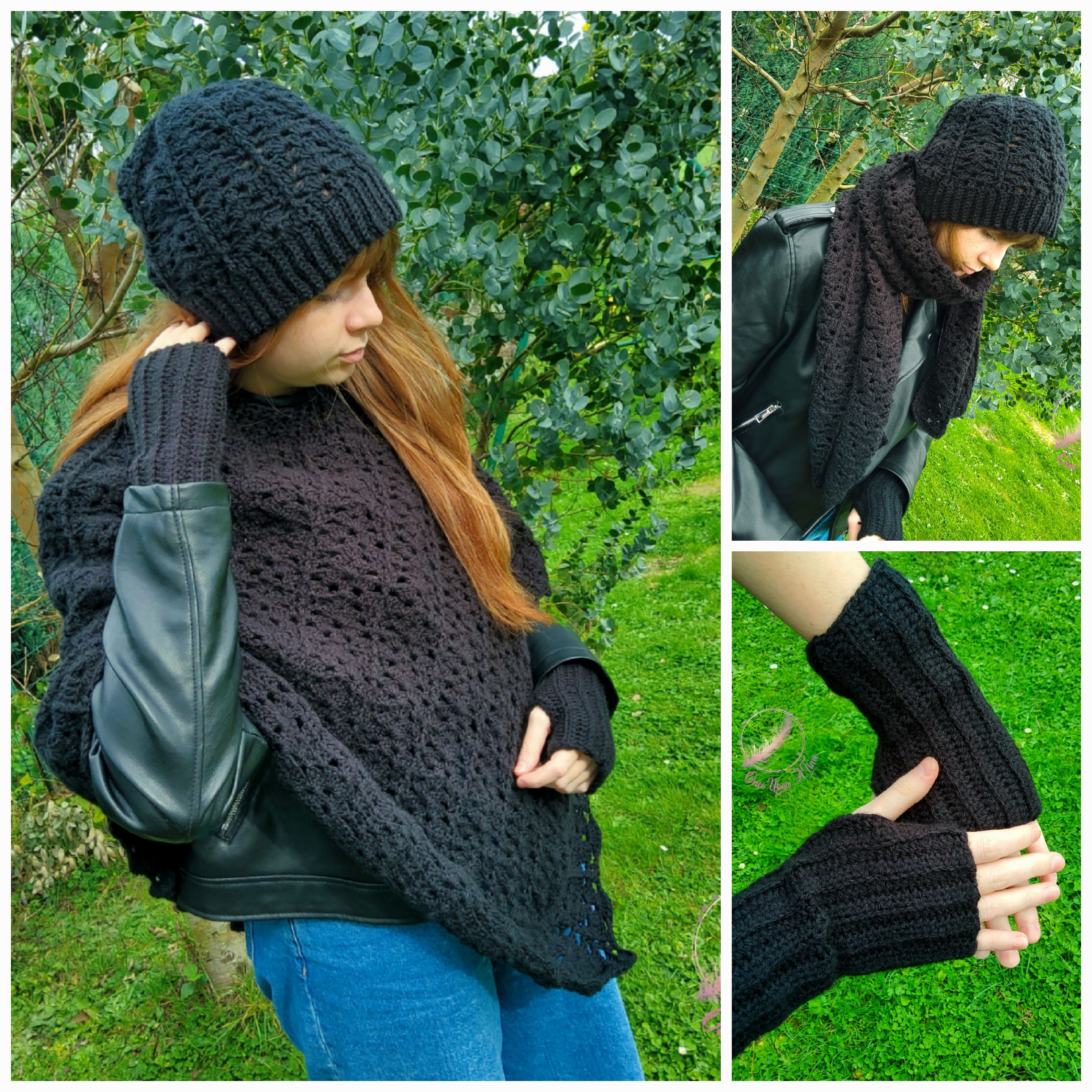 ❄️🍂 Ensemble écharpe, poncho, mitaines et bonnet femme - Noir 🍂❄️