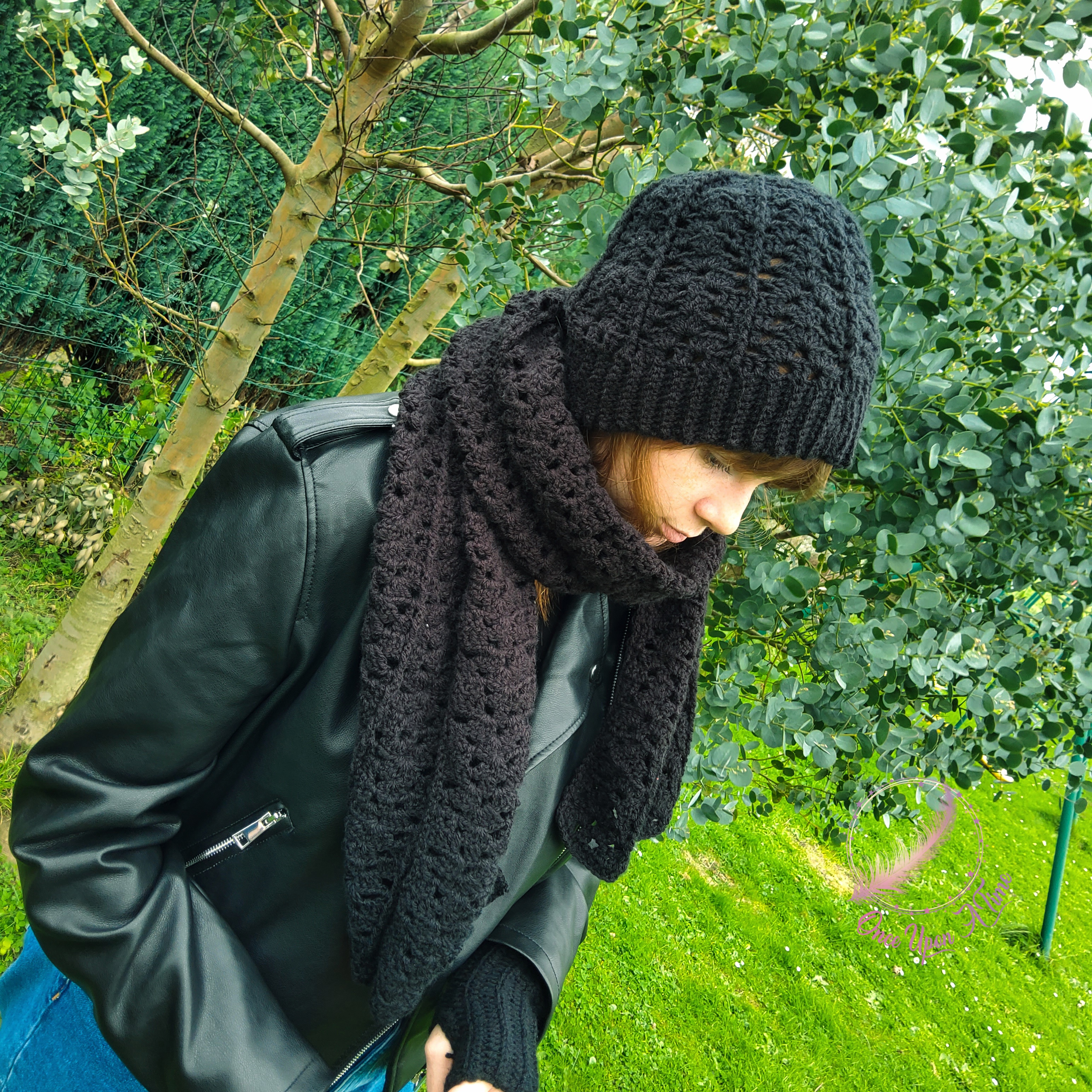 ❄️🍂 Ensemble écharpe, poncho, mitaines et bonnet femme - Noir 🍂❄️