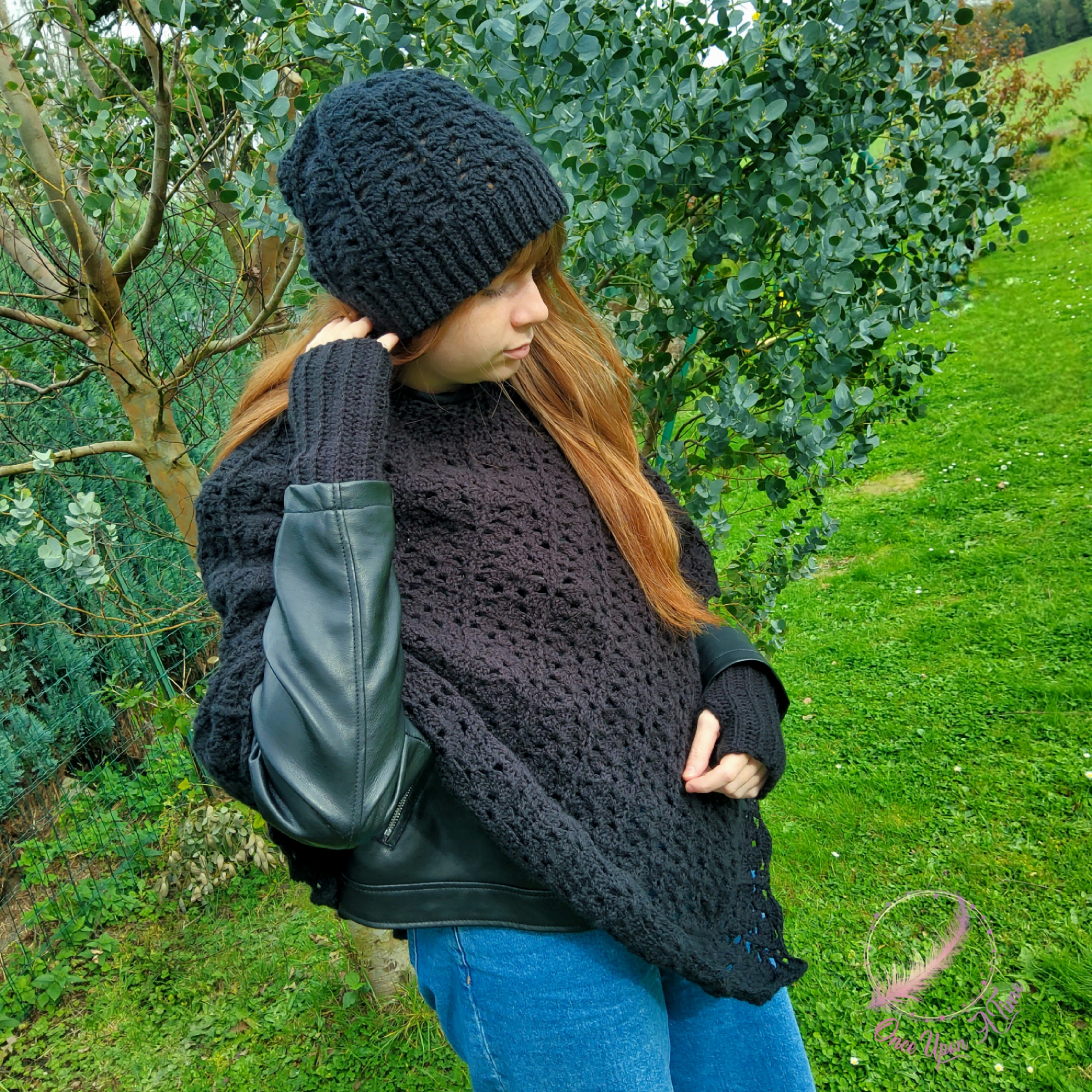 ❄️🍂 Ensemble écharpe, poncho, mitaines et bonnet femme - Noir 🍂❄️