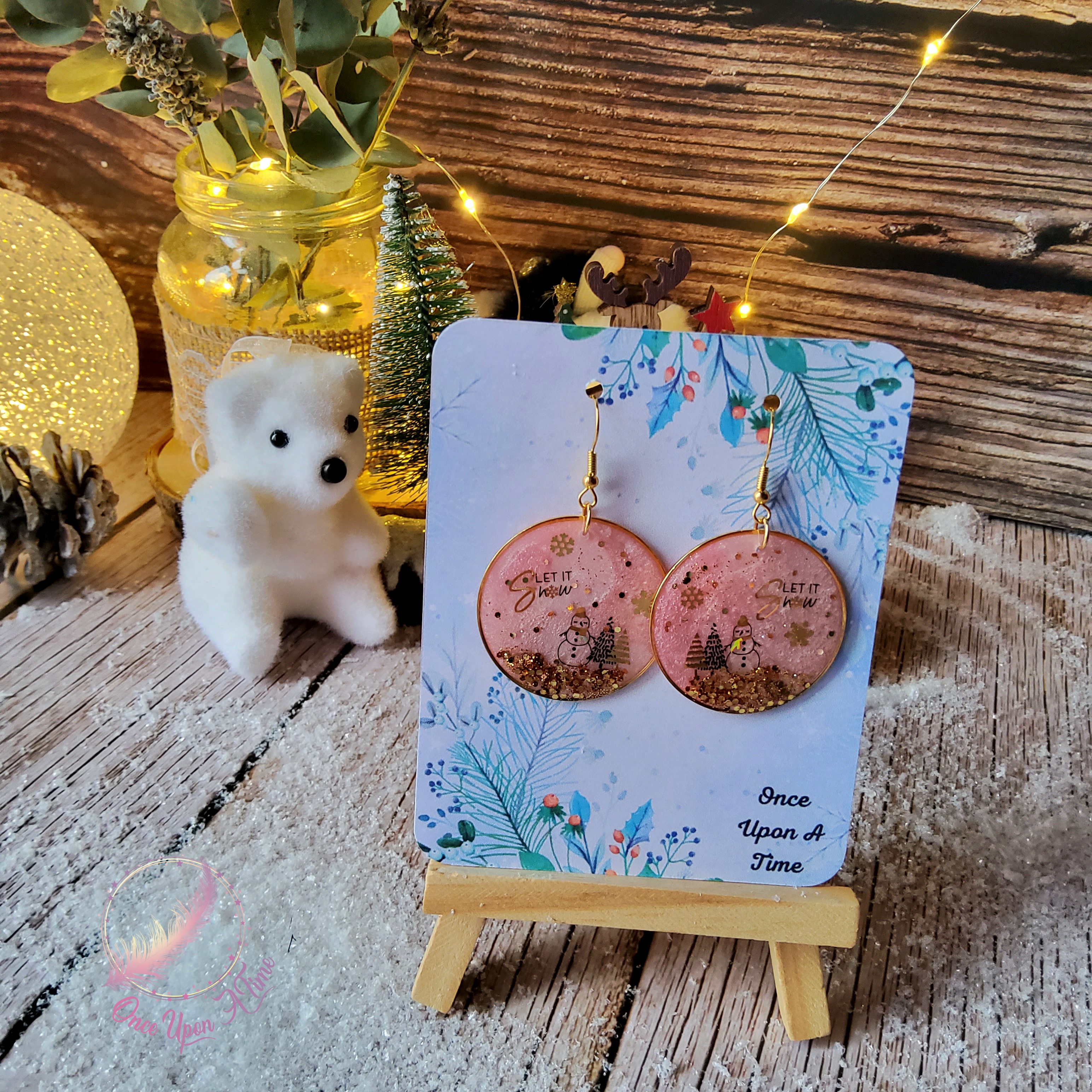🎅🎄 Boucles d'oreilles et/ou collier - Bonhomme de neige - Rose 🎄🎅