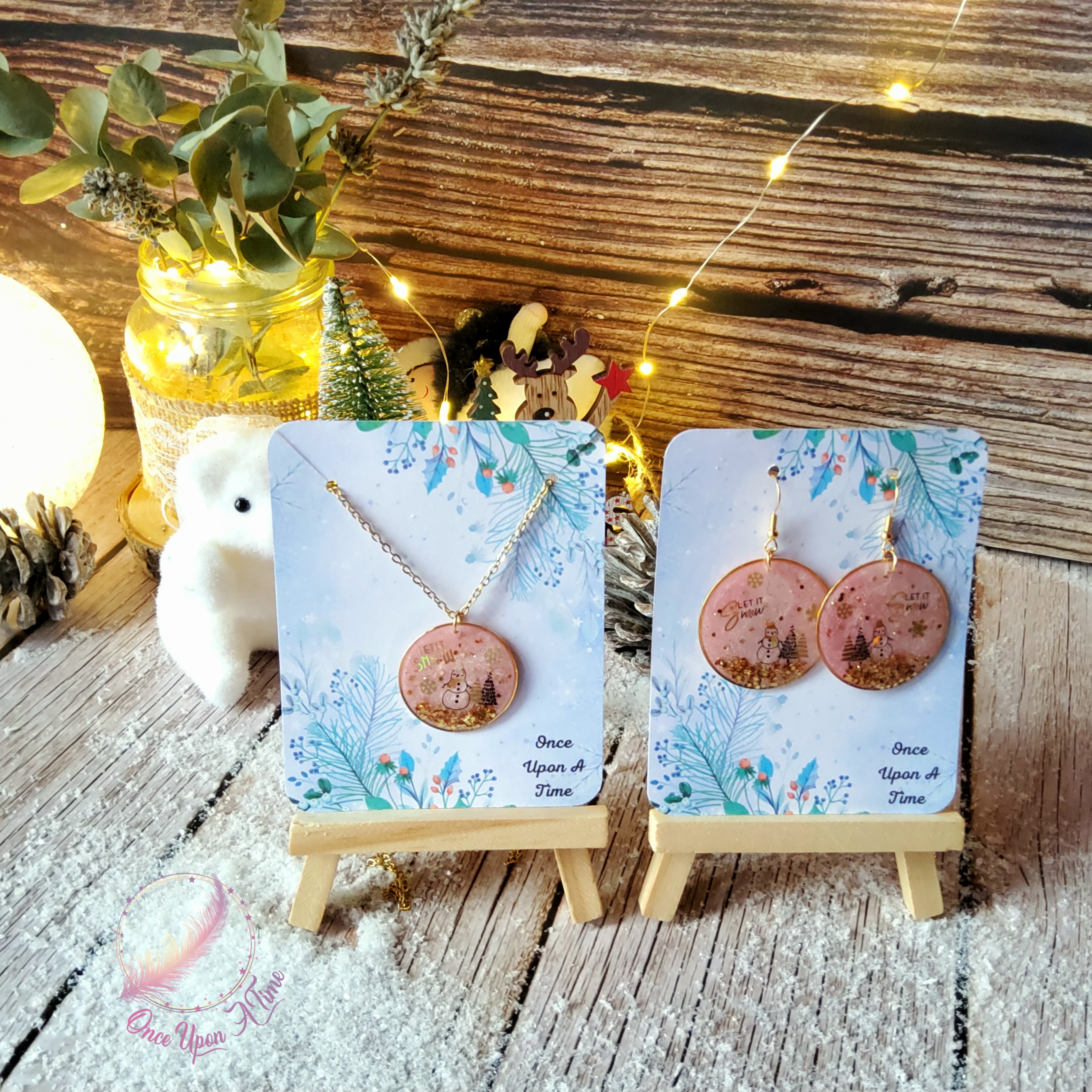 🎅🎄 Boucles d'oreilles et/ou collier - Bonhomme de neige - Rose 🎄🎅