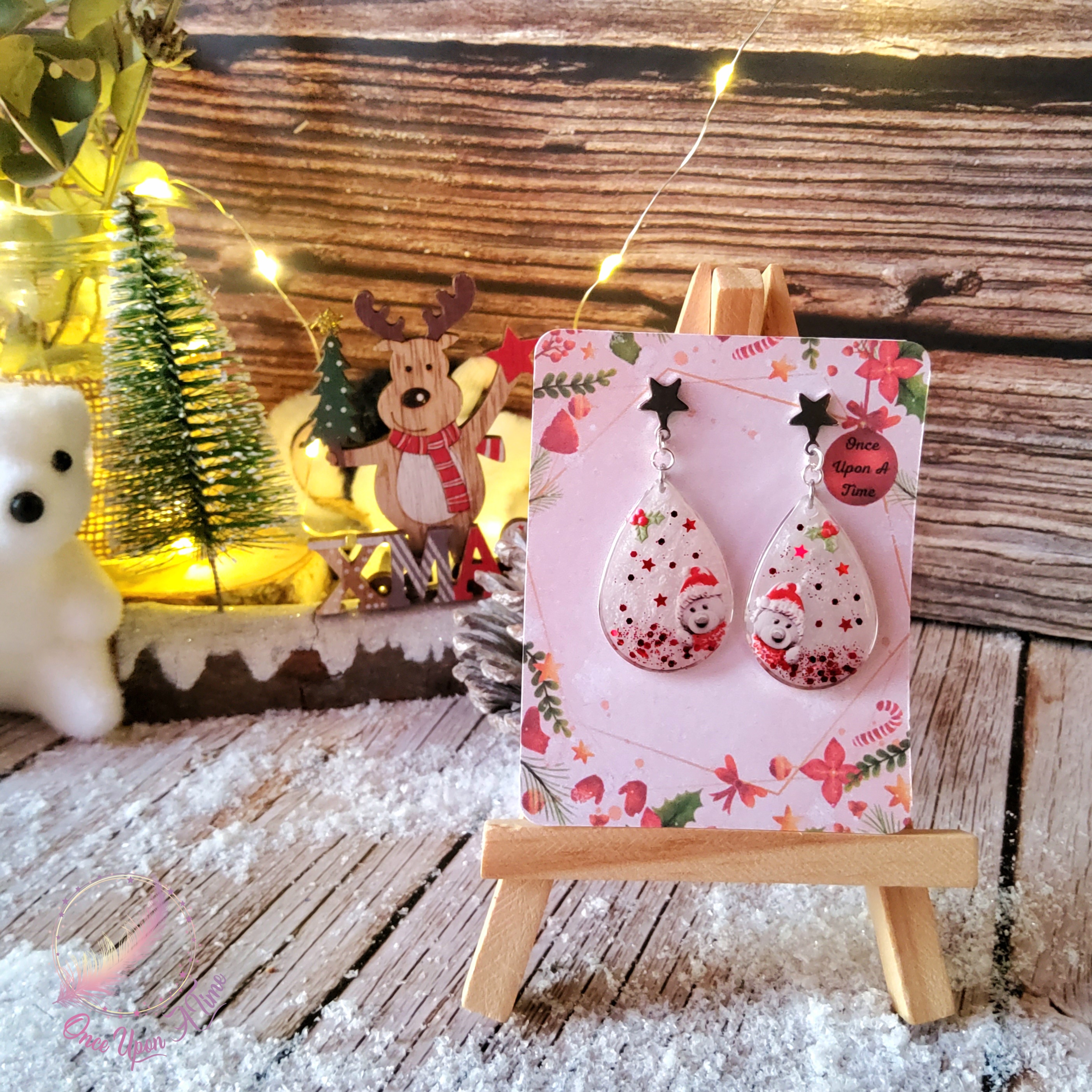 🎅🎄 Boucles d'oreilles - Ourson rouge & blanc 🎄🎅