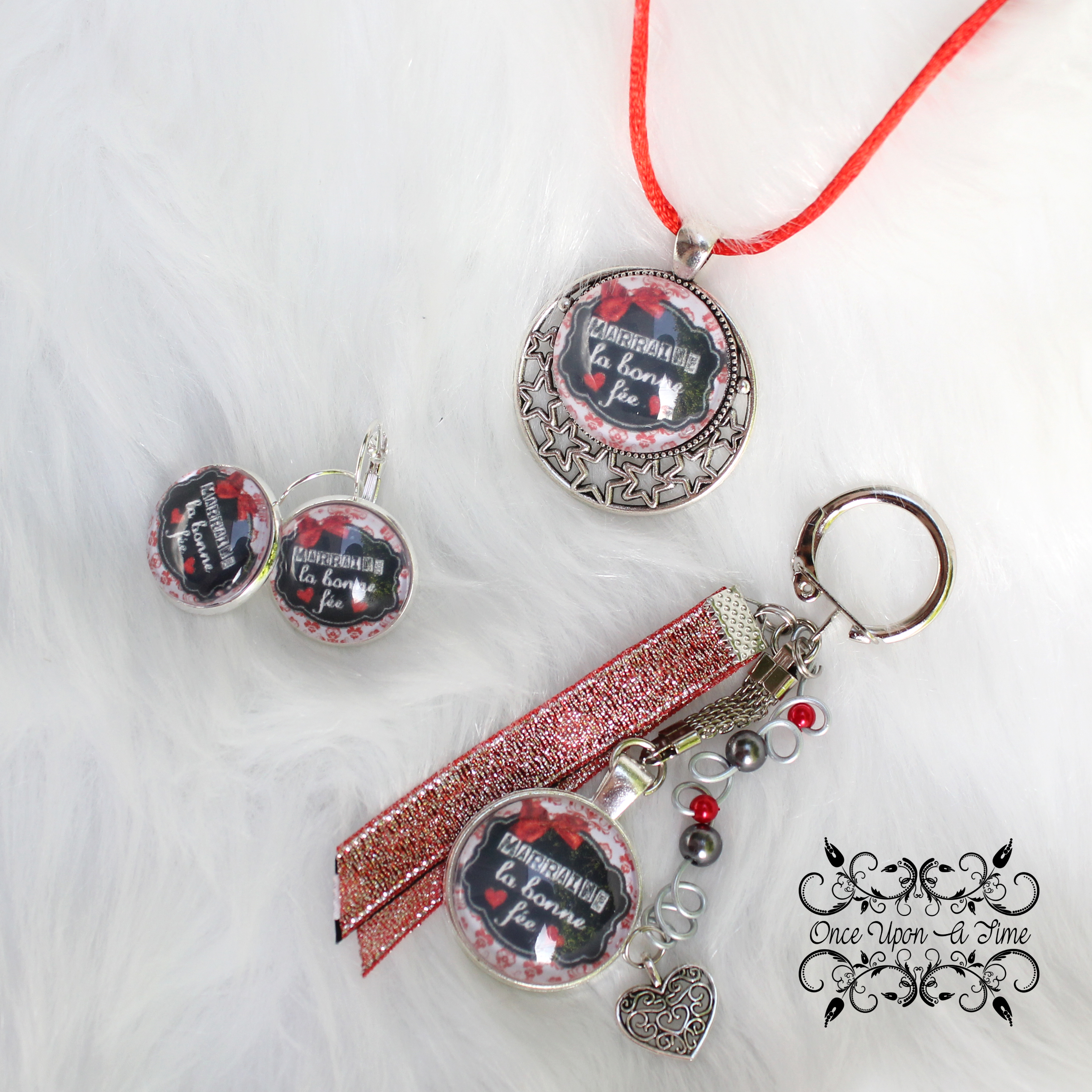 ✨ Ensemble fantaisie - Boucles d'oreilles, porte-clés et collier - Marraine - Plusieurs messages ✨