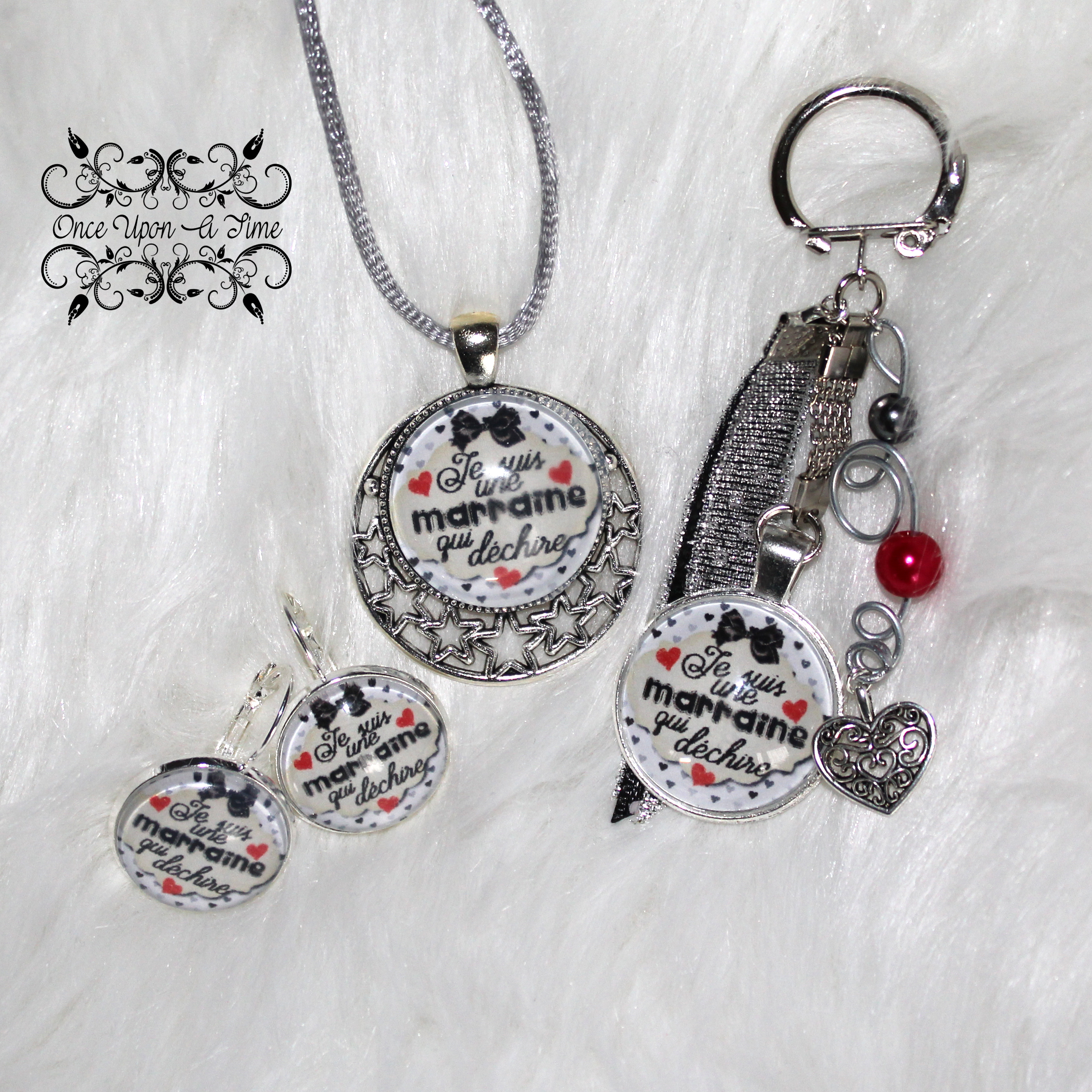 ✨ Ensemble fantaisie - Boucles d'oreilles, porte-clés et collier - Marraine - Plusieurs messages ✨