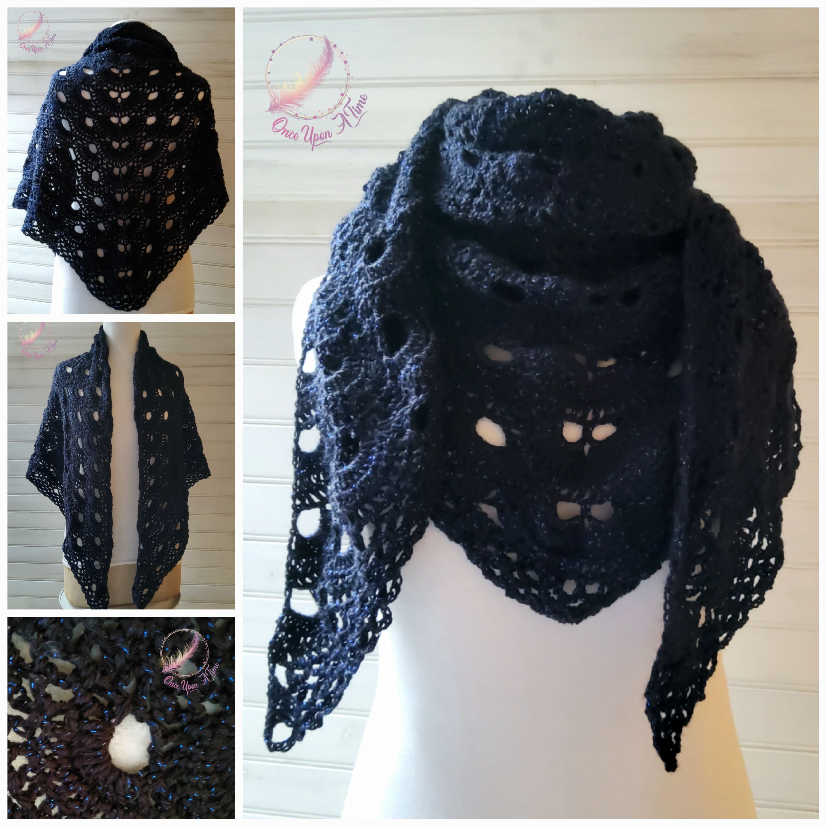 ☀️🌷 Foulard/chèche ou châle au crochet - Femme ou adolescente - Noir avec un fil brillant bleu🌷☀️