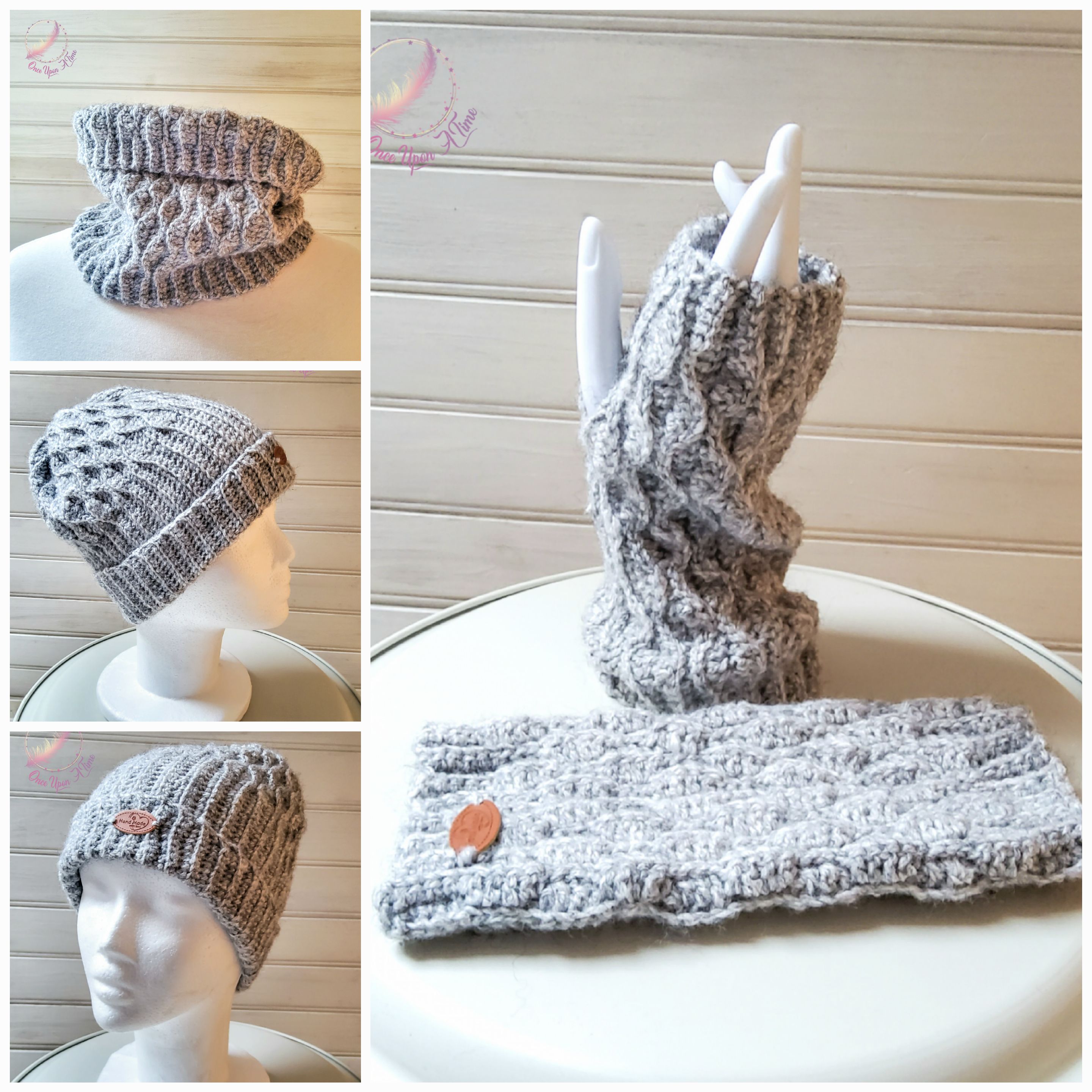 ❄️🍂 Ensemble tour de cou, mitaines et bonnet femme - Gris 🍂❄️