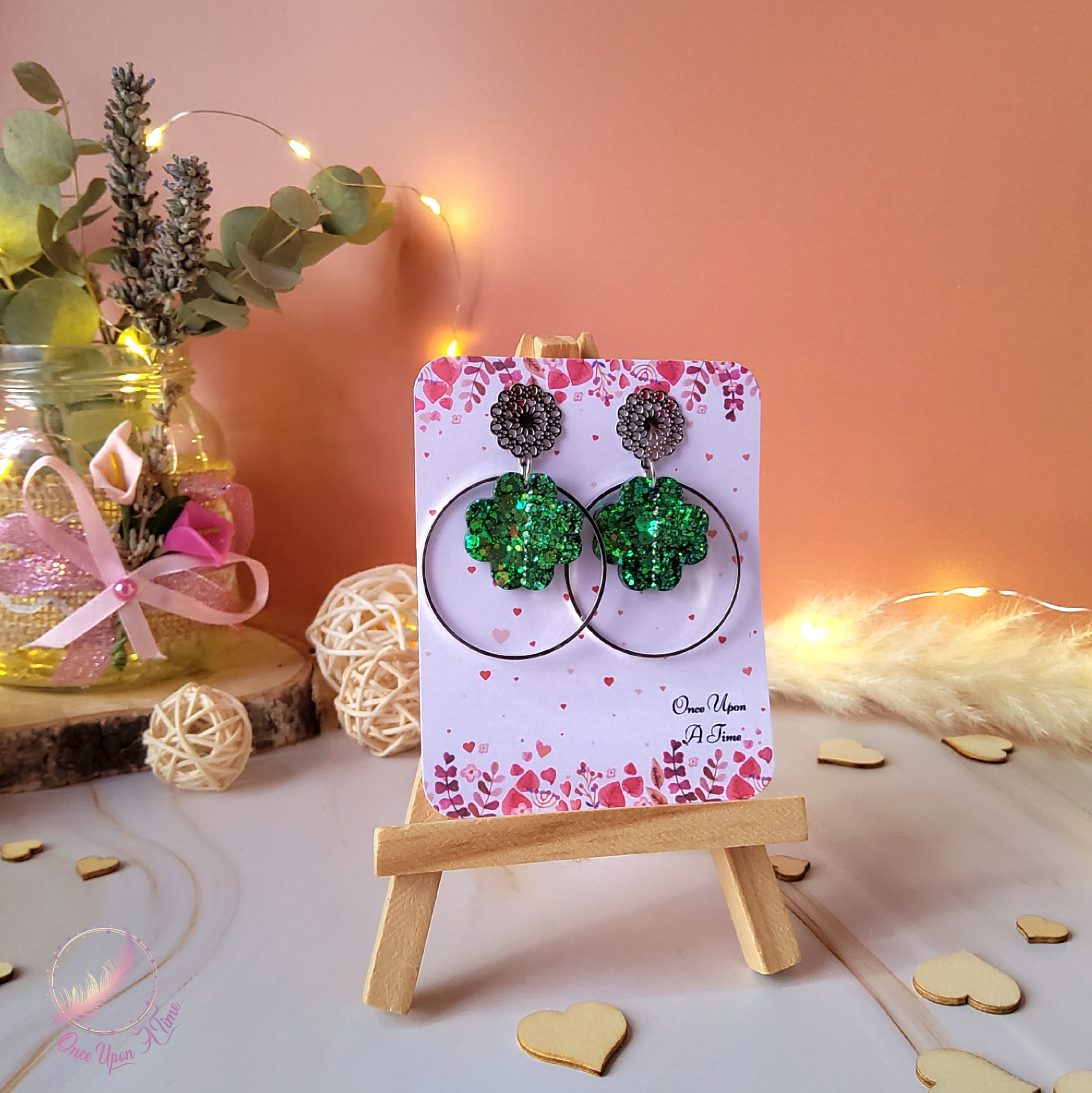 💖 Boucles d'oreilles - Éclats de passion - Trèfles verts 💖