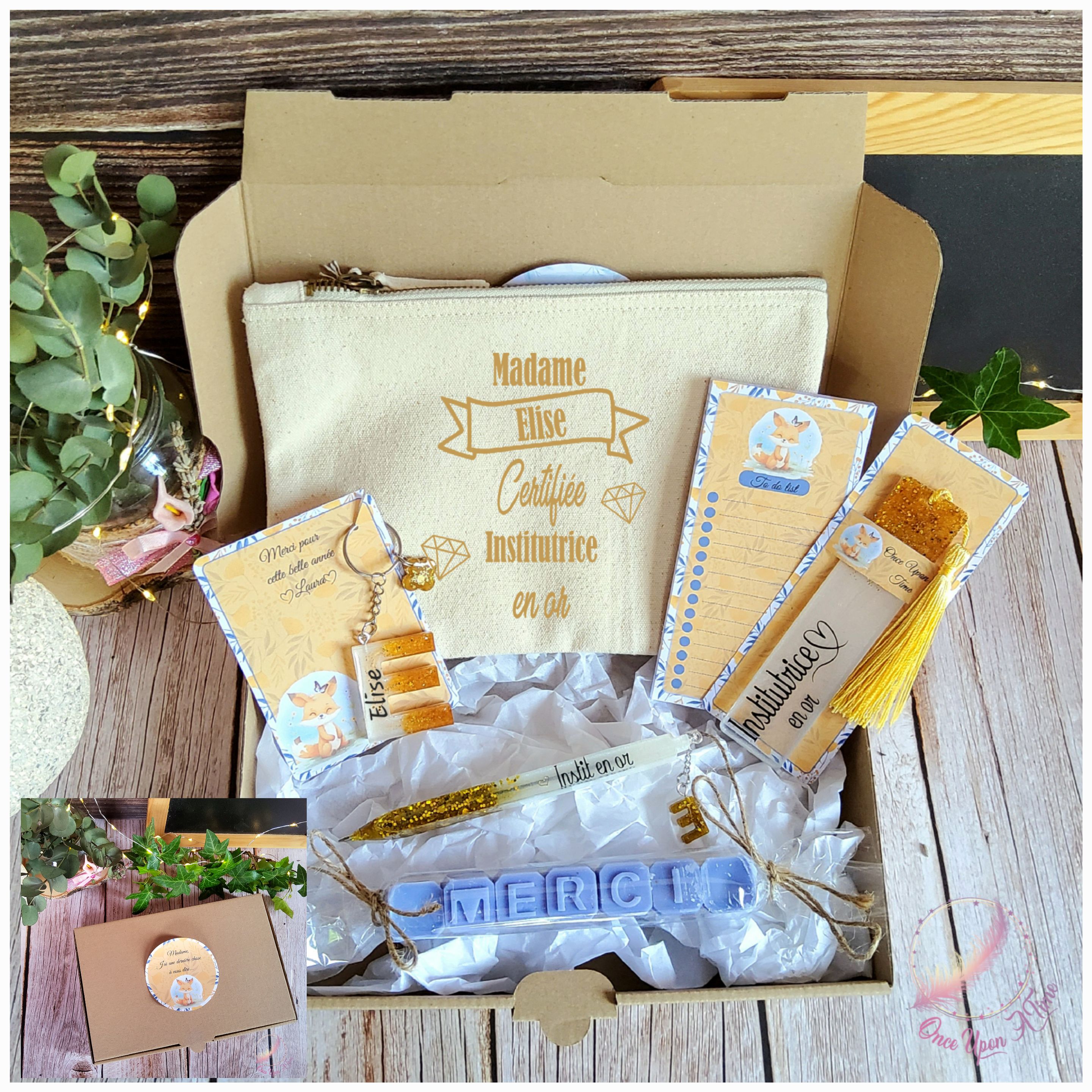 🎁🎀 Coffret cadeau : 1 marque-page, 1 bic, 1 porte-clés, 1 trousse, 1 to do list, 1 fondant parfumé "Merci" - Plusieurs thèmes - Institutrice, instituteur, maître, maîtresse, puéricultrice  🎀🎁