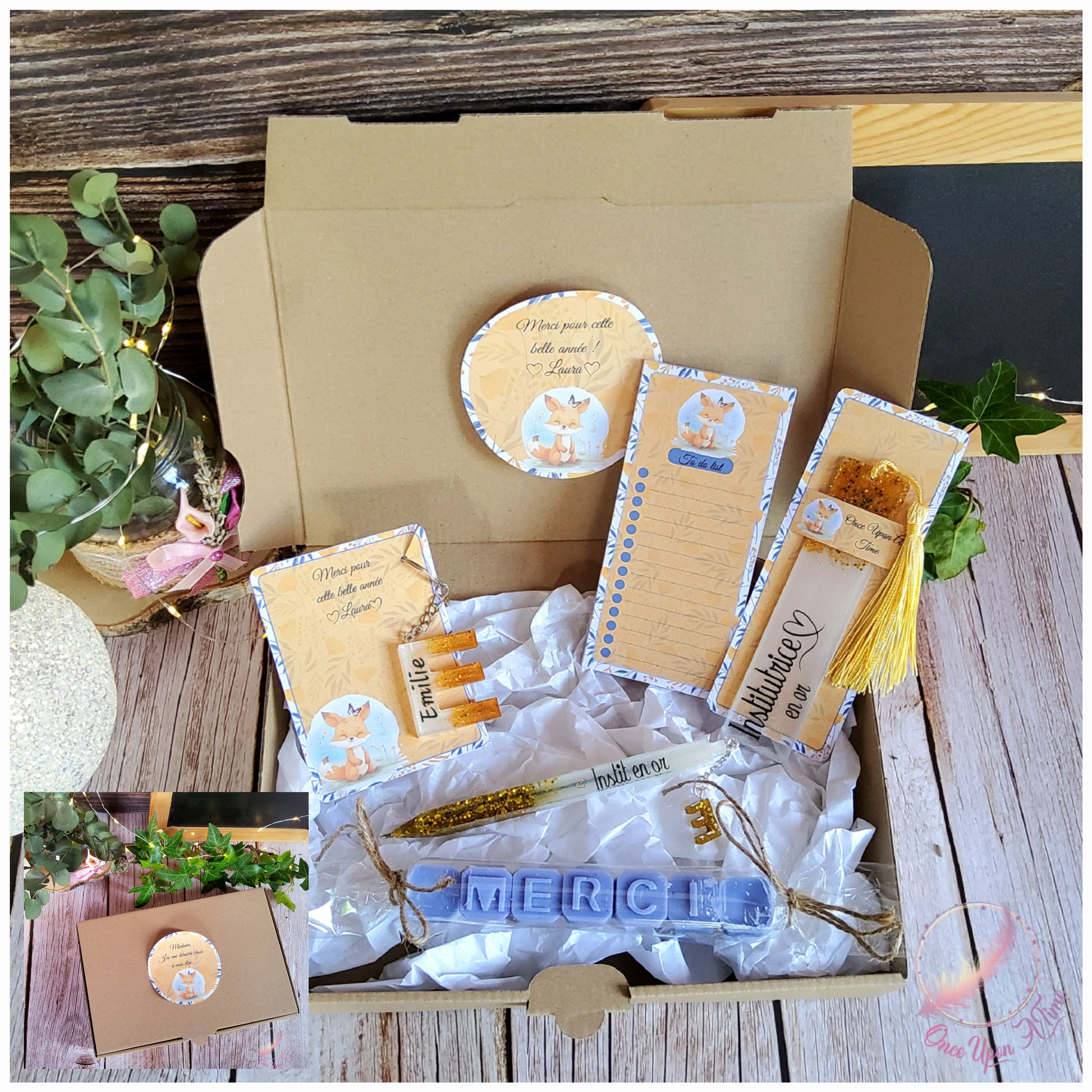 🎁🎀 Coffret cadeau : 1 marque-page, 1 bic, 1 porte-clés, 1 to do list, 1 fondant parfumé "Merci" - Plusieurs thèmes - Institutrice, instituteur, maître, maîtresse, puéricultrice  🎀🎁
