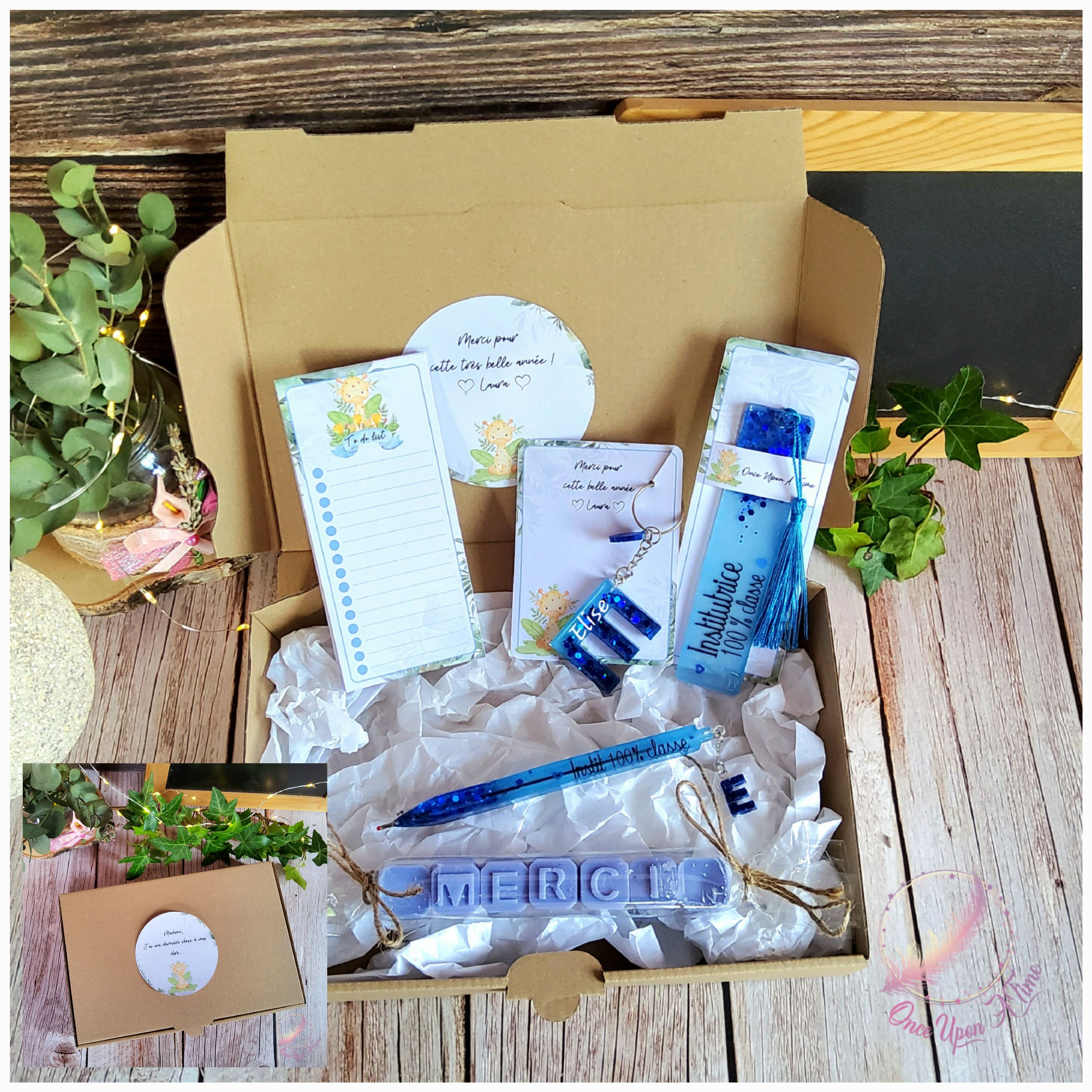 🎁🎀 Coffret cadeau : 1 marque-page, 1 bic, 1 porte-clés, 1 to do list, 1 fondant parfumé "Merci" - Plusieurs thèmes - Institutrice, instituteur, maître, maîtresse, puéricultrice  🎀🎁