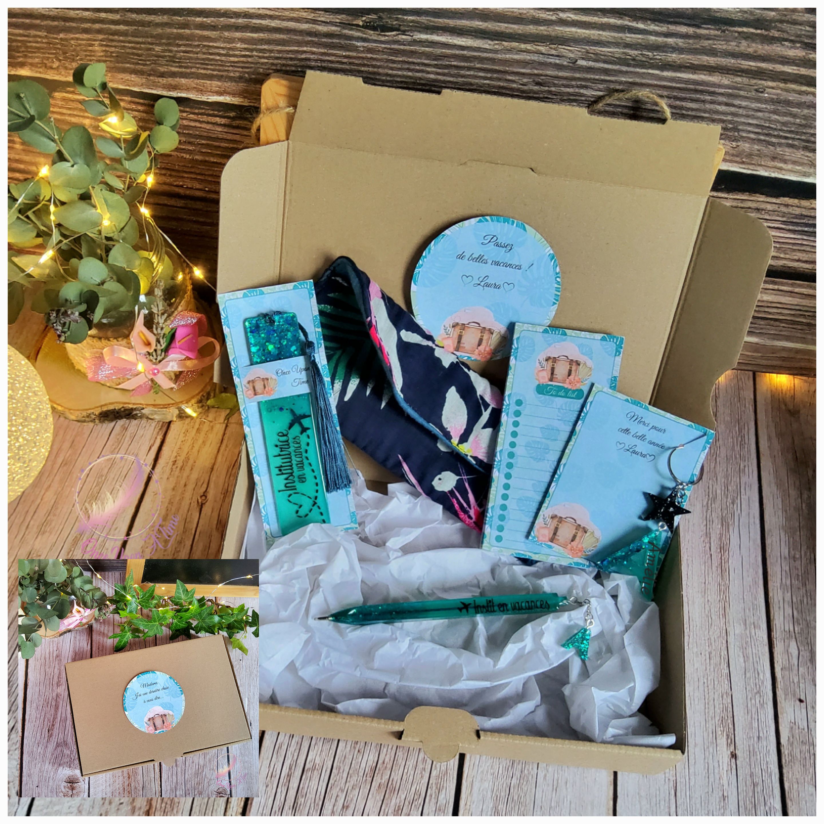 🎁🎀 Coffret cadeau : 1 marque-page, 1 bic, 1 porte-clés, 1 to do list et 1 pochette à lunettes - Plusieurs thèmes - Institutrice  🎀🎁
