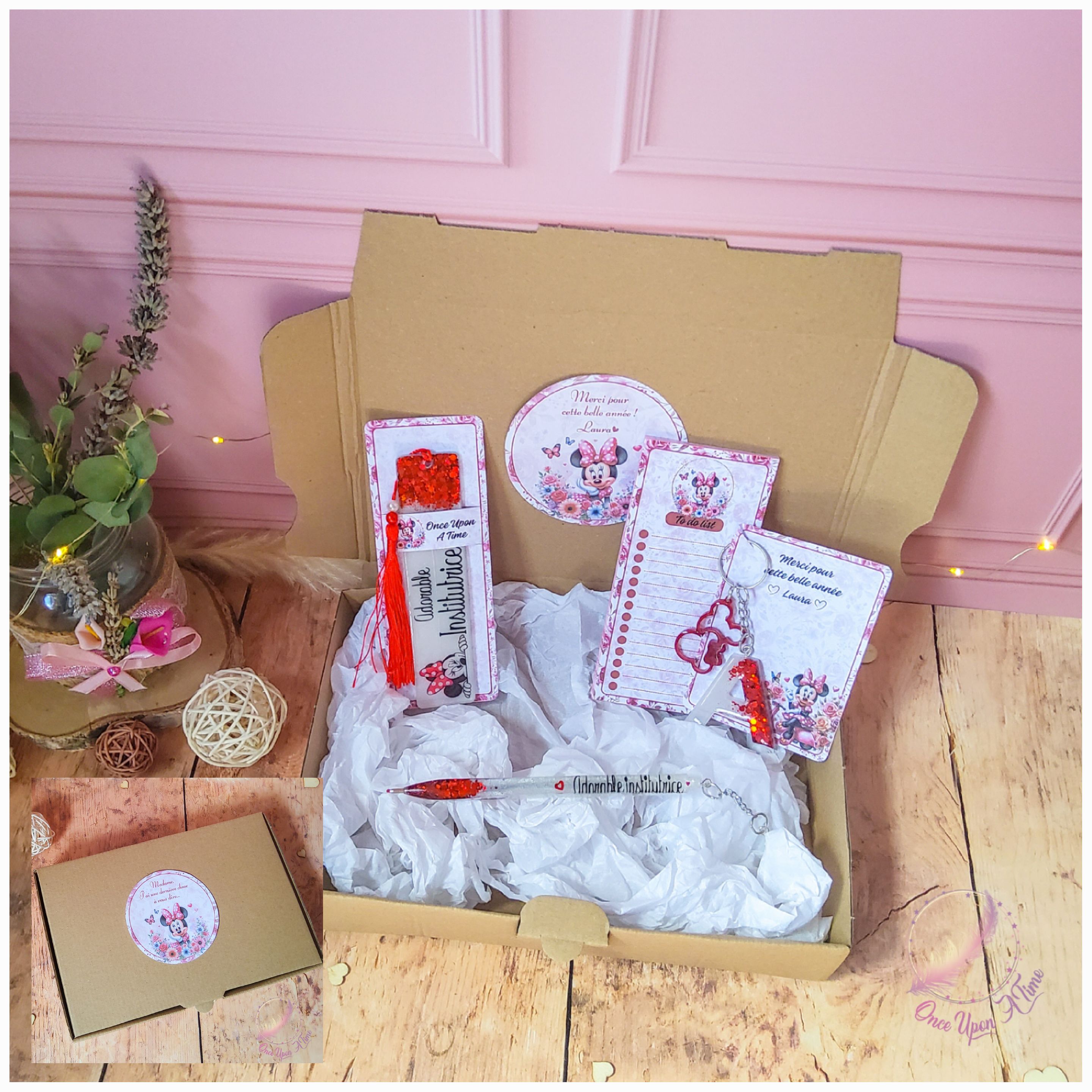 🎁🎀 Coffret cadeau : 1 marque-page, 1 bic, 1 porte-clés, 1 to do list - Minnie - Adorable Institutrice, maîtresse, puéricultrice 🎀🎁