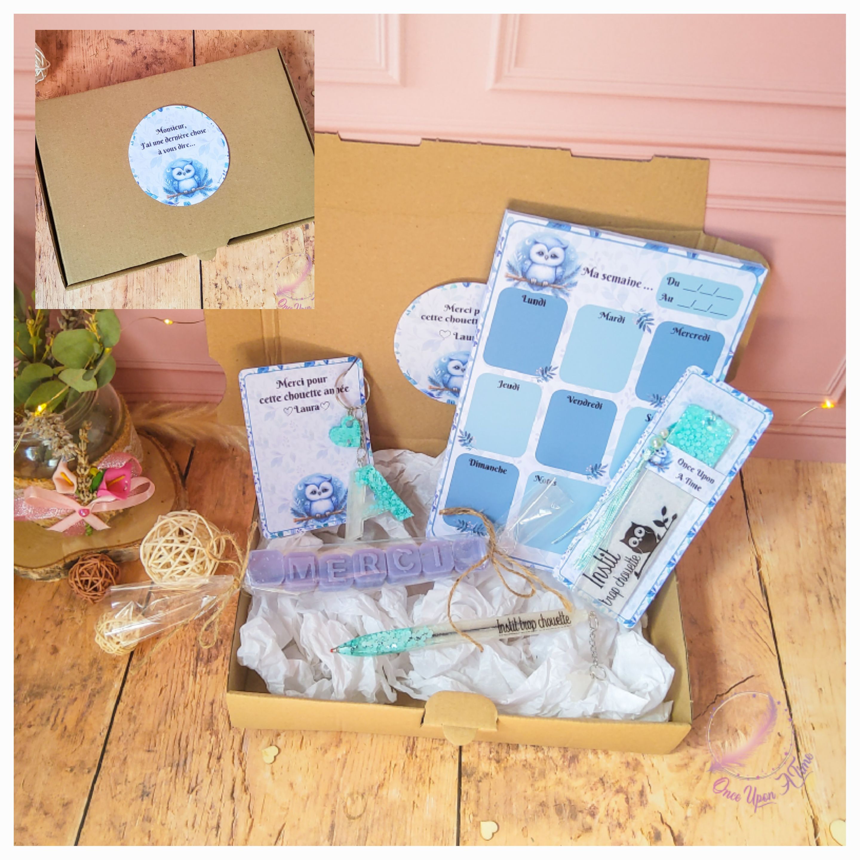 🎁🎀 Coffret cadeau : 1 marque-page, 1 bic, 1 porte-clés, 1 semainier, 1 fondant parfumé "Merci" - Instit, maître, maîtresse, puéricultrice trop chouette 🎀🎁