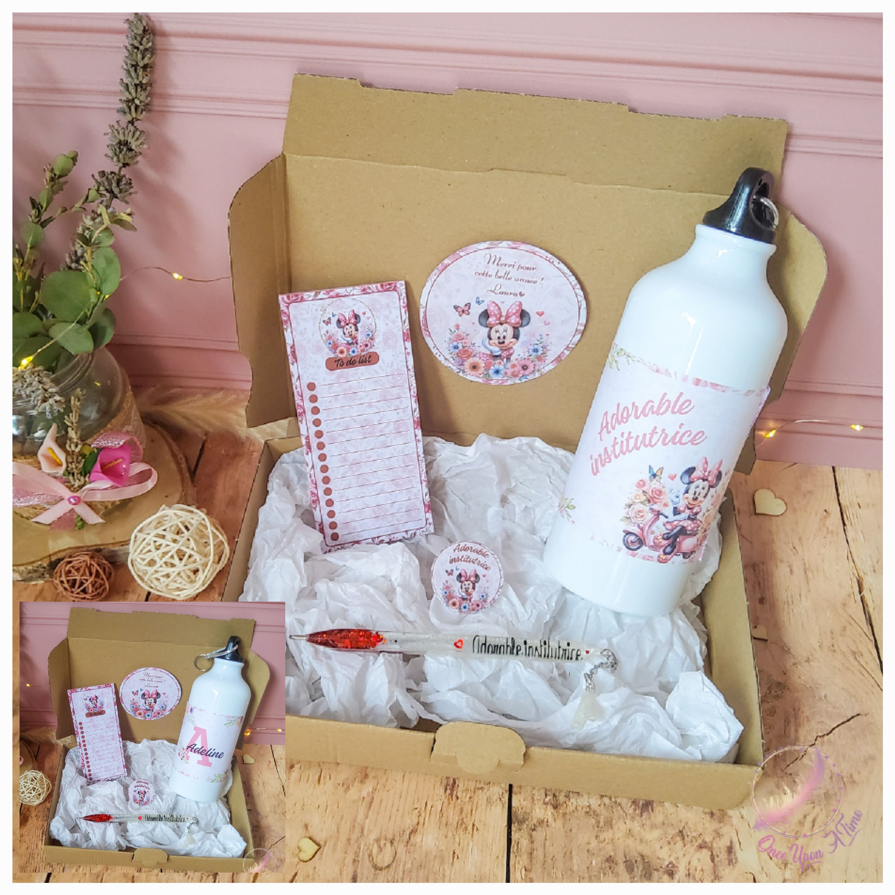 🎁🎀 Coffret cadeau : 1 gourde, 1 bic, 1 badge, 1 to do list - Adorable institutrice, maîtresse, maître, puéricultrice 🎀🎁