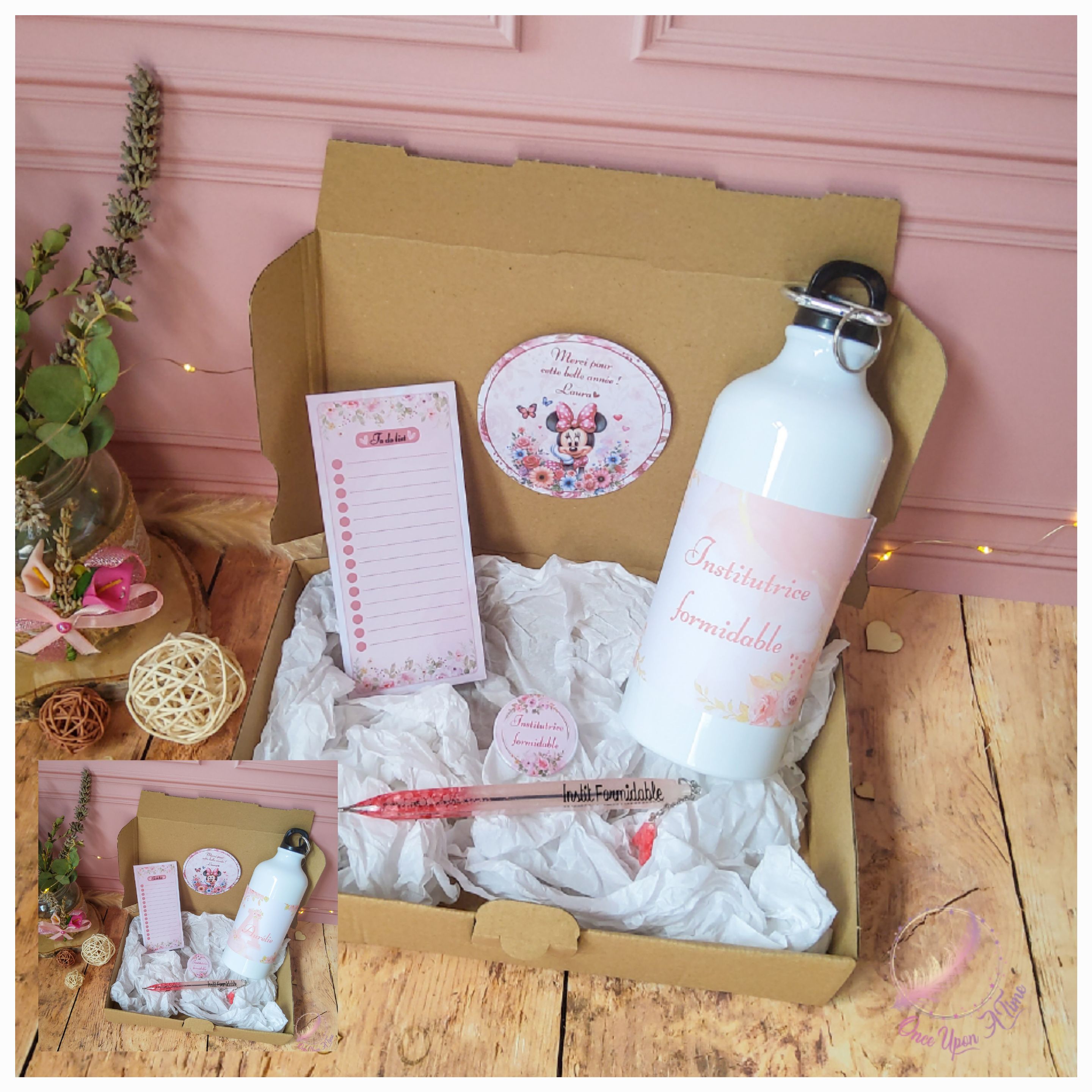 🎁🎀 Coffret cadeau : 1 gourde, 1 bic, 1 badge, 1 to do list - Institutrice, maîtresse, maître, puéricultrice formidable 🎀🎁