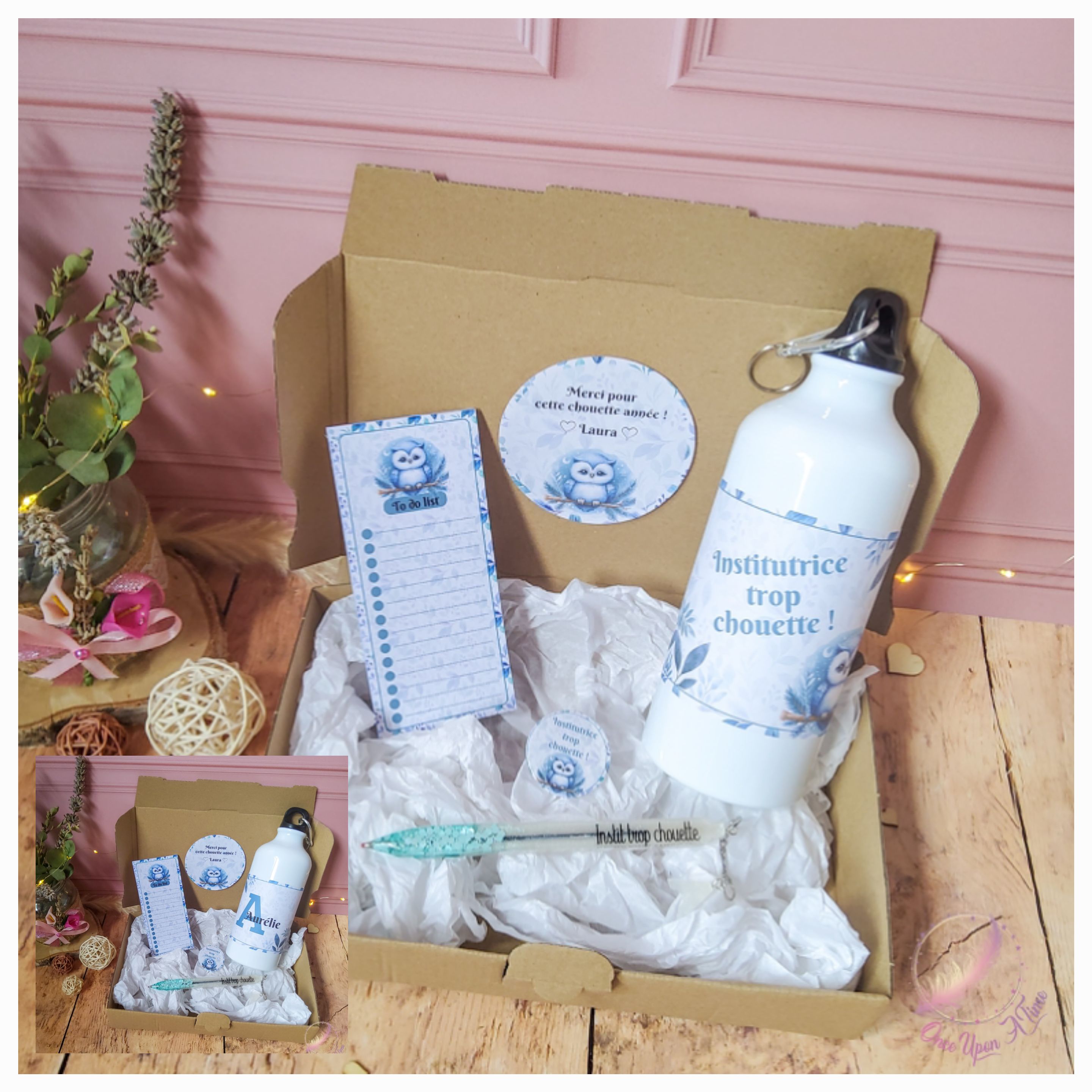 🎁🎀 Coffret cadeau : 1 gourde, 1 bic, 1 badge, 1 to do list - Institutrice, maîtresse, maître, puéricultrice trop chouette 🎀🎁