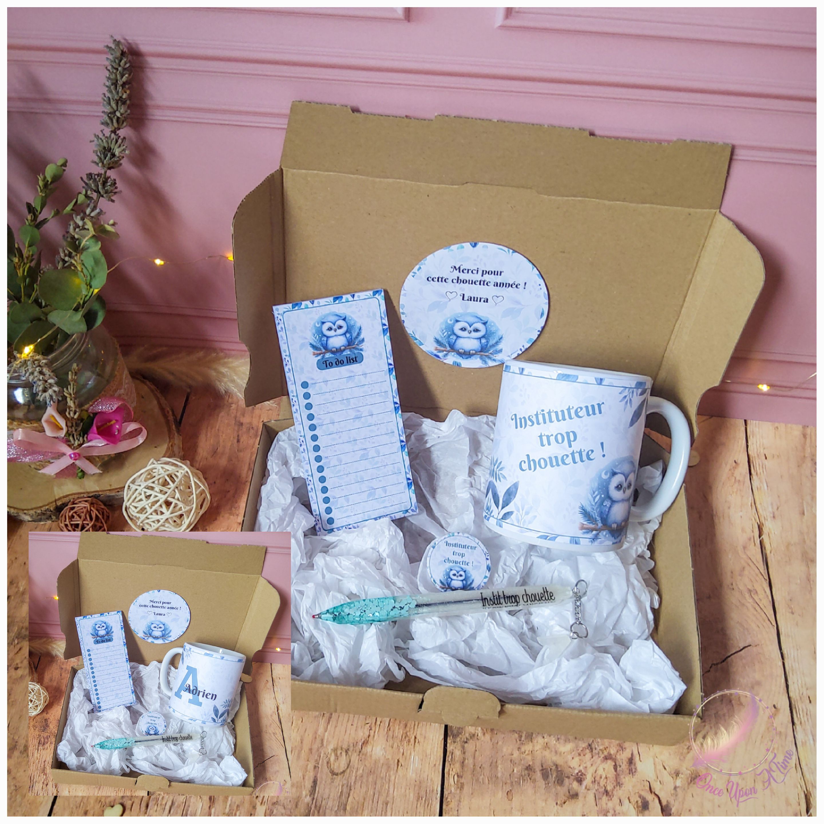 🎁🎀 Coffret cadeau : 1 tasse, 1 bic, 1 badge, 1 to do list - Institutrice, maîtresse, maître, puéricultrice trop chouette 🎀🎁