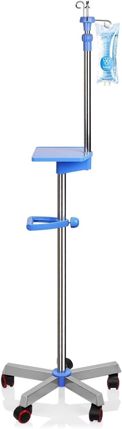 Medical IV Pole with wheels Stainless Steel Adjustable 57" to 79" Height IV Stand with Tray and 4 Hooks for IV Hospital Home Infusion Practice and Therapy