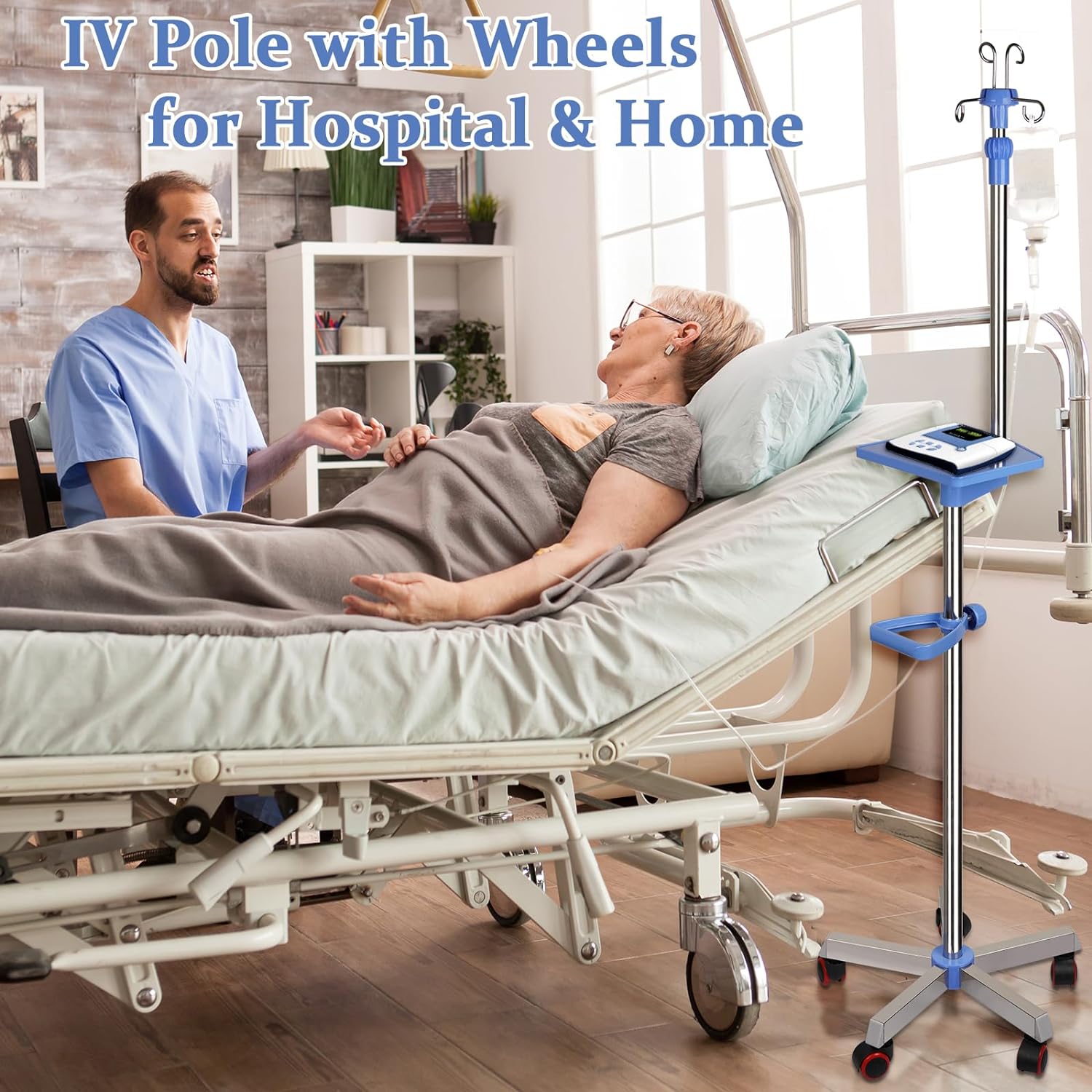 Medical IV Pole with wheels Stainless Steel Adjustable 57" to 79" Height IV Stand with Tray and 4 Hooks for IV Hospital Home Infusion Practice and Therapy
