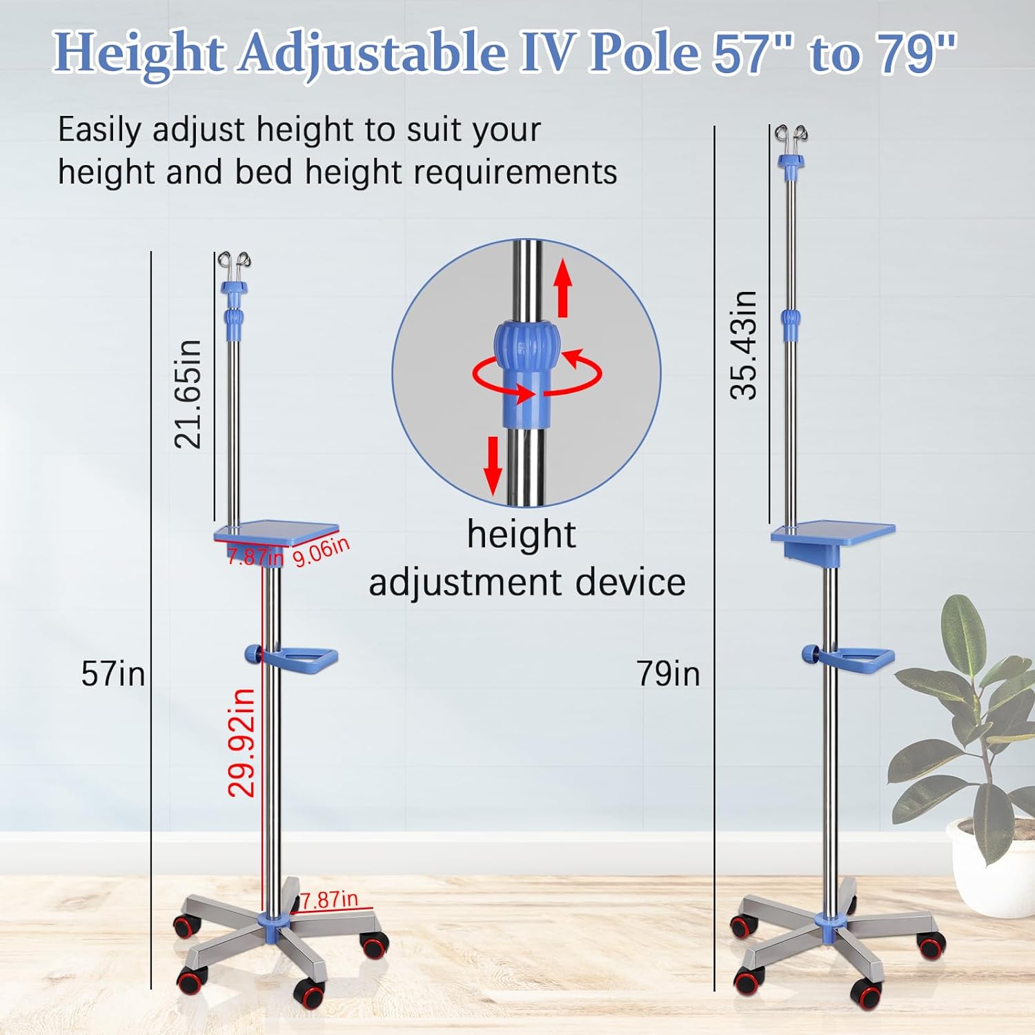 Medical IV Pole with wheels Stainless Steel Adjustable 57" to 79" Height IV Stand with Tray and 4 Hooks for IV Hospital Home Infusion Practice and Therapy