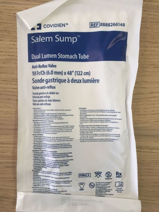 COVIDIEN 8888266148 Salem Sump Dual Lumen Stomach Tube Anti-Reflux Valve 6mm x 122cm Box of 50 