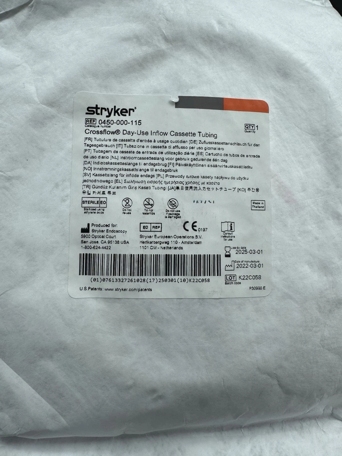 Stryker Crossflow Cassette Tubing Expired: Jan 2025