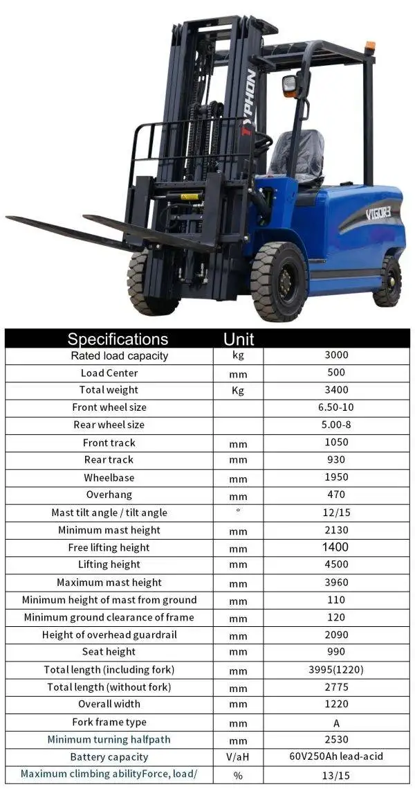 New 2025 TYPHON VIGOR 3.0 Blue Electric Forklift 3 Ton Lifter Lift Truck