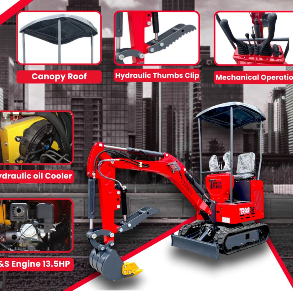 TYPHON TERROR ONE STORM 1 Ton Mini Excavator Trench Digger with hydraulic oil cooler Canopy & Wide Bucket