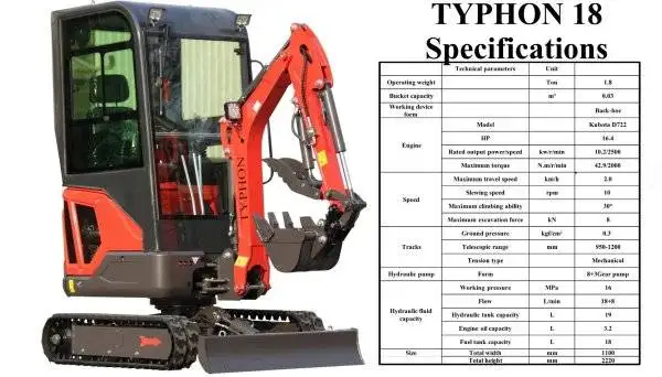 TYPHON 18 FLEX 1.8 Ton Mini Excavator w 1.8 Ton Kubota D722 Diesel Engine