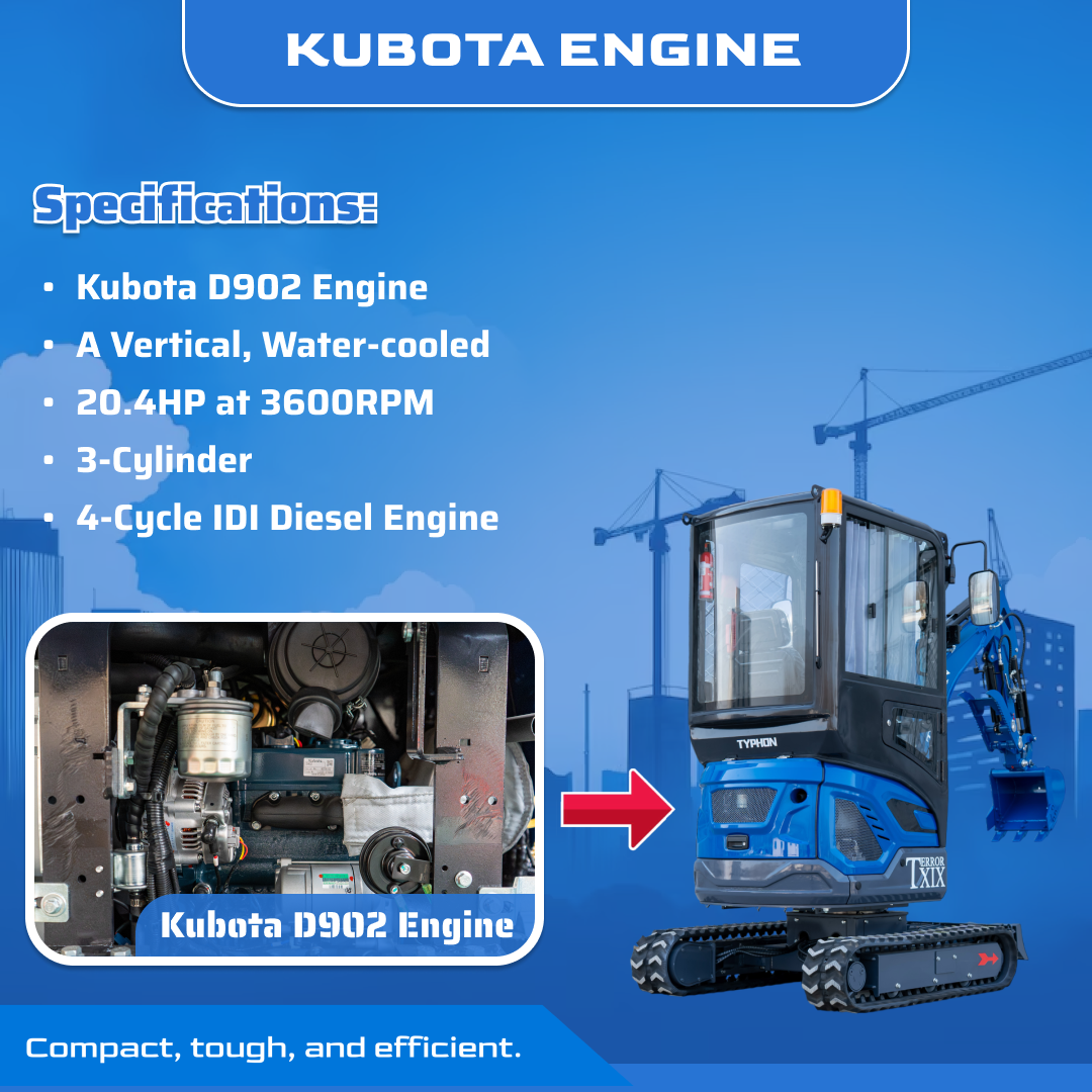 TYPHON TERROR XIX Prestige Cabin Mini Excavator w 4200lbs 20.4hp Kubota D902 Diesel Engine