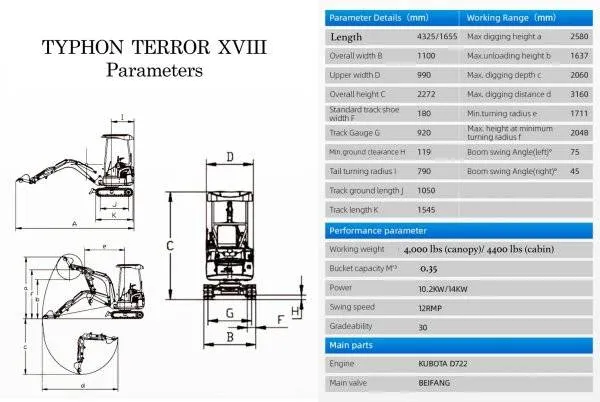 TYPHON TERROR XVIII Mini Excavator w 4000lbs Kubota D902 Diesel Engine
