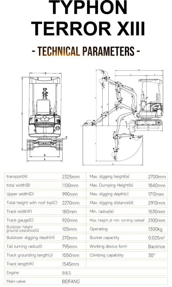 TYPHON TERROR XIII Mini Excavator w 1.3 Ton 13.5hp Briggs & Stratton Engine