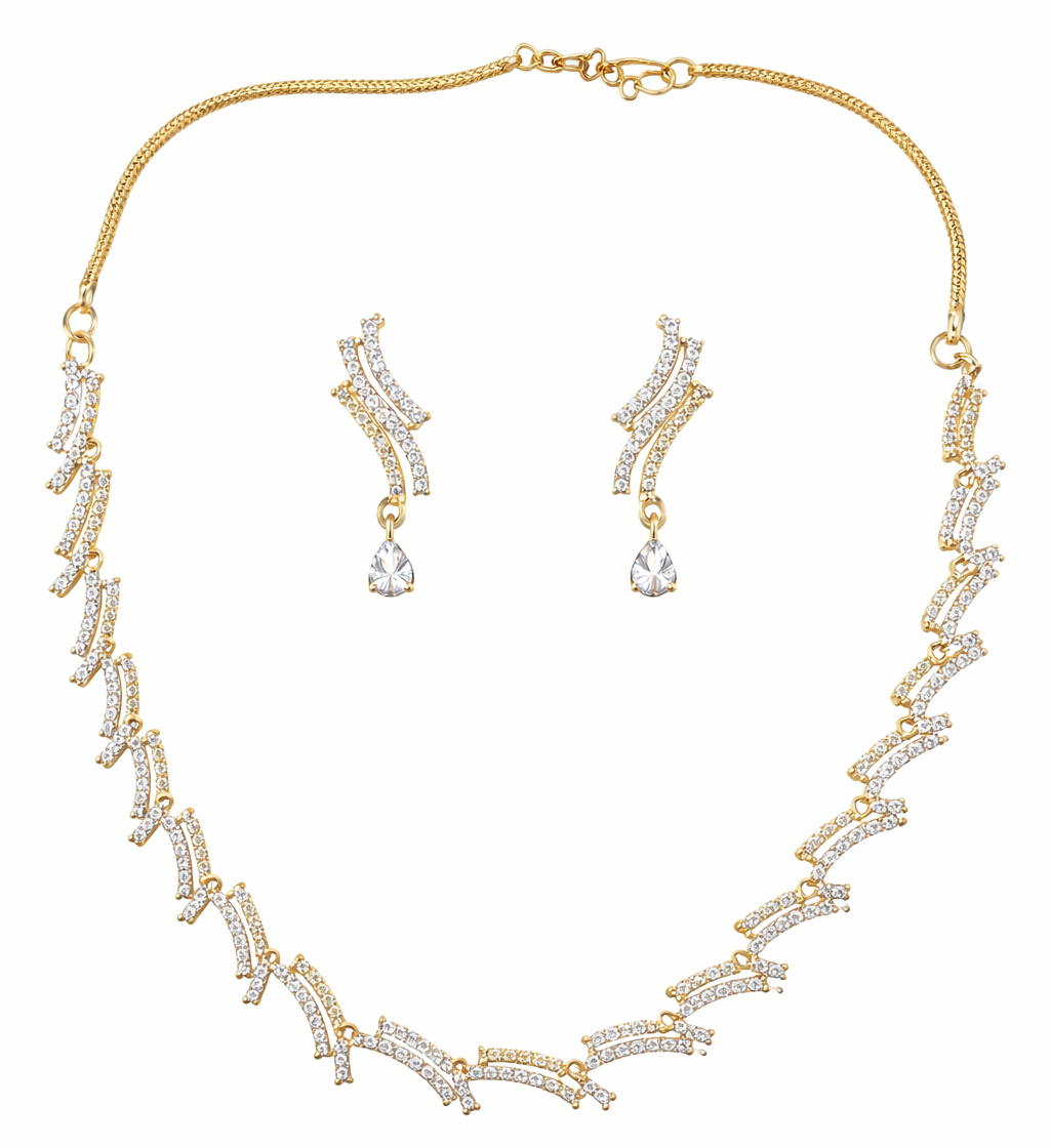 Gold Plated CZ Diamond Necklace & Earrings Set