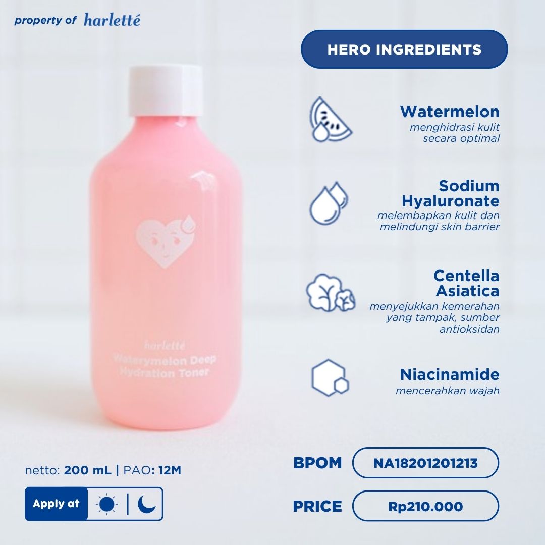 Harlette Waterymelon Deep Hydration Toner | Dry, Dehydrated, Combination, Sensitive Skin, Hydrating, Skincare Wajah