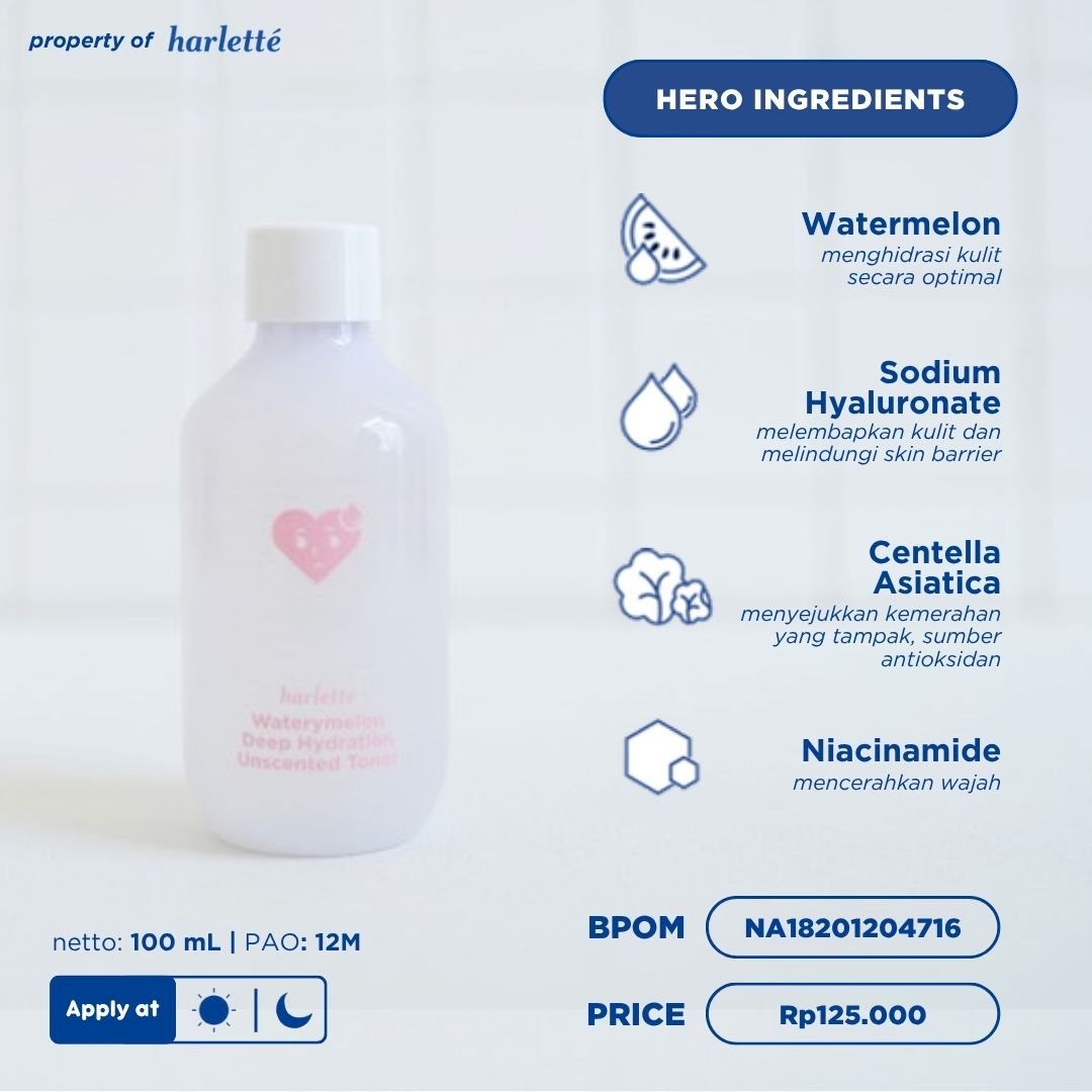 Harlette Waterymelon Deep Hydration Unscented Toner | Dry, Dehydrated, Combination, Sensitive Skin, Hydrating, Skincare Wajah