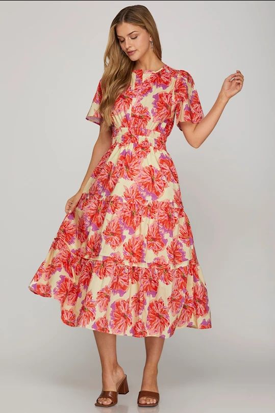 Elastic Woven Floral Print Midi Dress