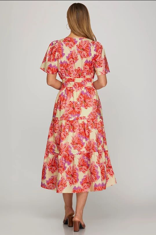 Elastic Woven Floral Print Midi Dress