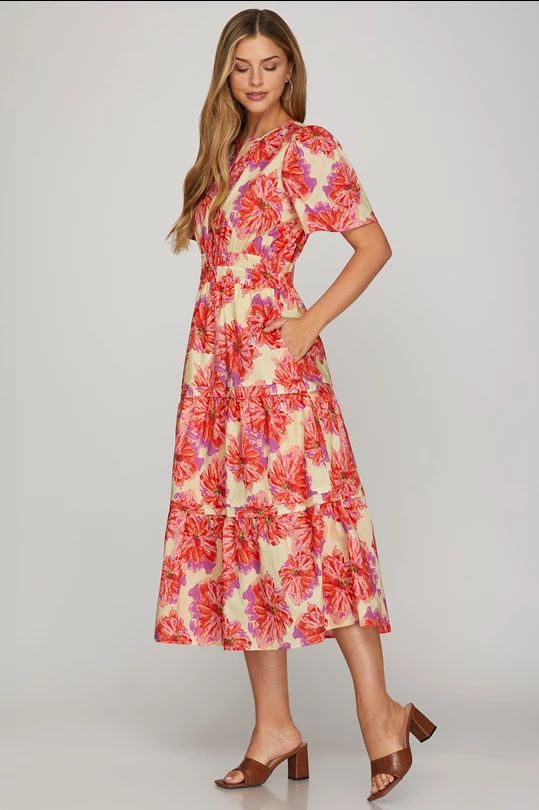 Elastic Woven Floral Print Midi Dress