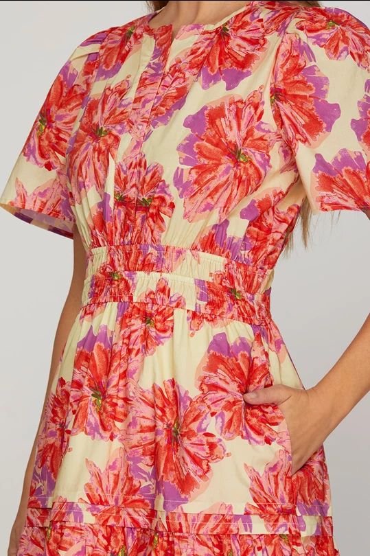 Elastic Woven Floral Print Midi Dress