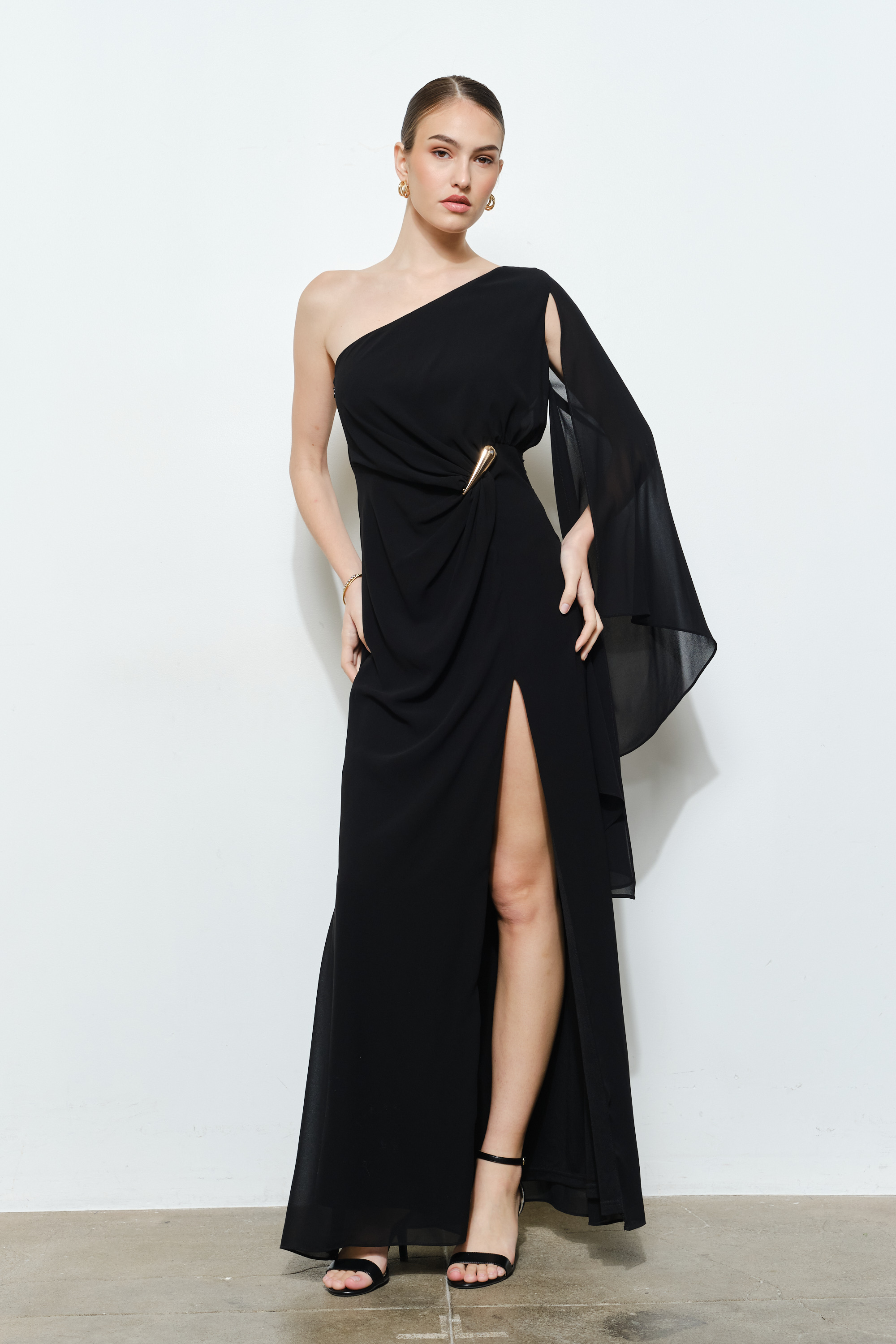 Luxe One Shoulder Gold Slit Maxi Dress